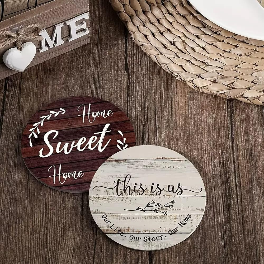 Wood Coasters with Holder,Wooden Coasters for Glasses Drinkings Coffee Table Desk round with Non-Slip Pad Cup Coasters for Home Office Christmas Decor 10 CM (6-Pack Farm House)
