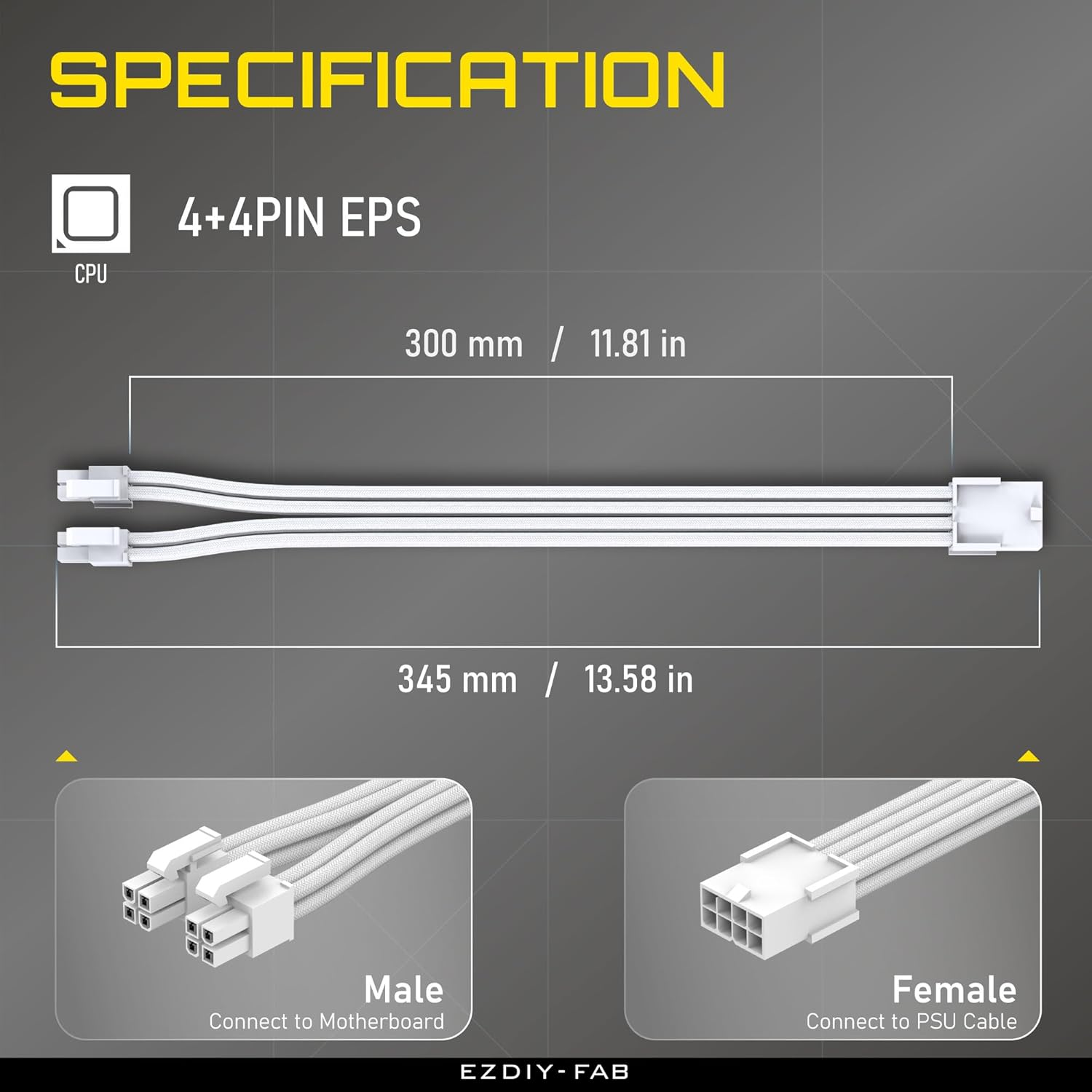 EZDIY-FAB EPS 8-Pin Female to CPU 8-Pin (4+4) ATX 4 Pin Male Power Supply Adapter Extension Cable for Motherboard 11.8 Inch (30 Cm)-All White image number 5