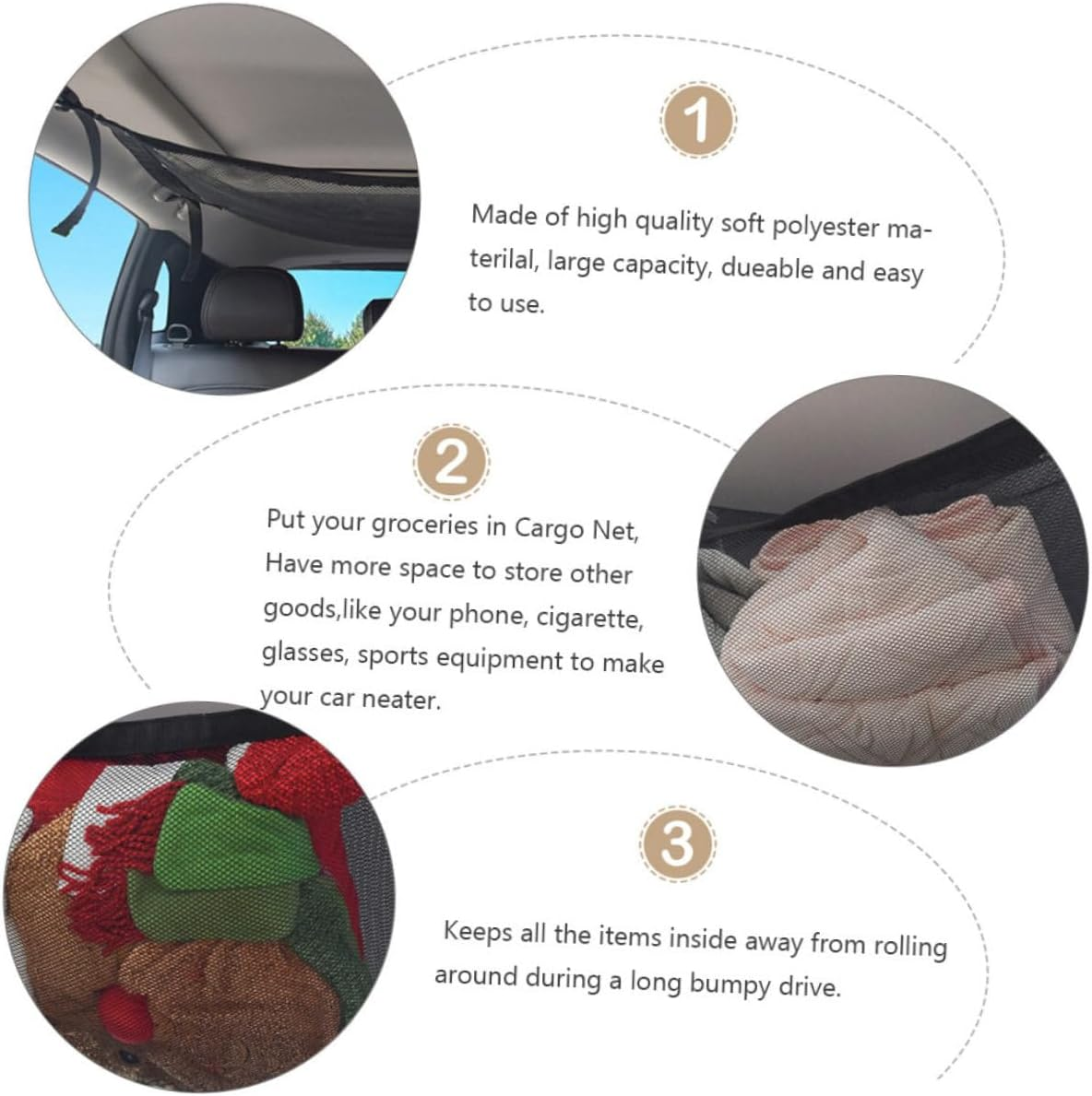 STAHAD Adjustable Car Roof Mesh Bag Organizer with Zippered Straps Breathable Polyester Storage Net for Clothes Pillows Blankets Interior Hanging Pouch for Vehicle Ceiling image number 6