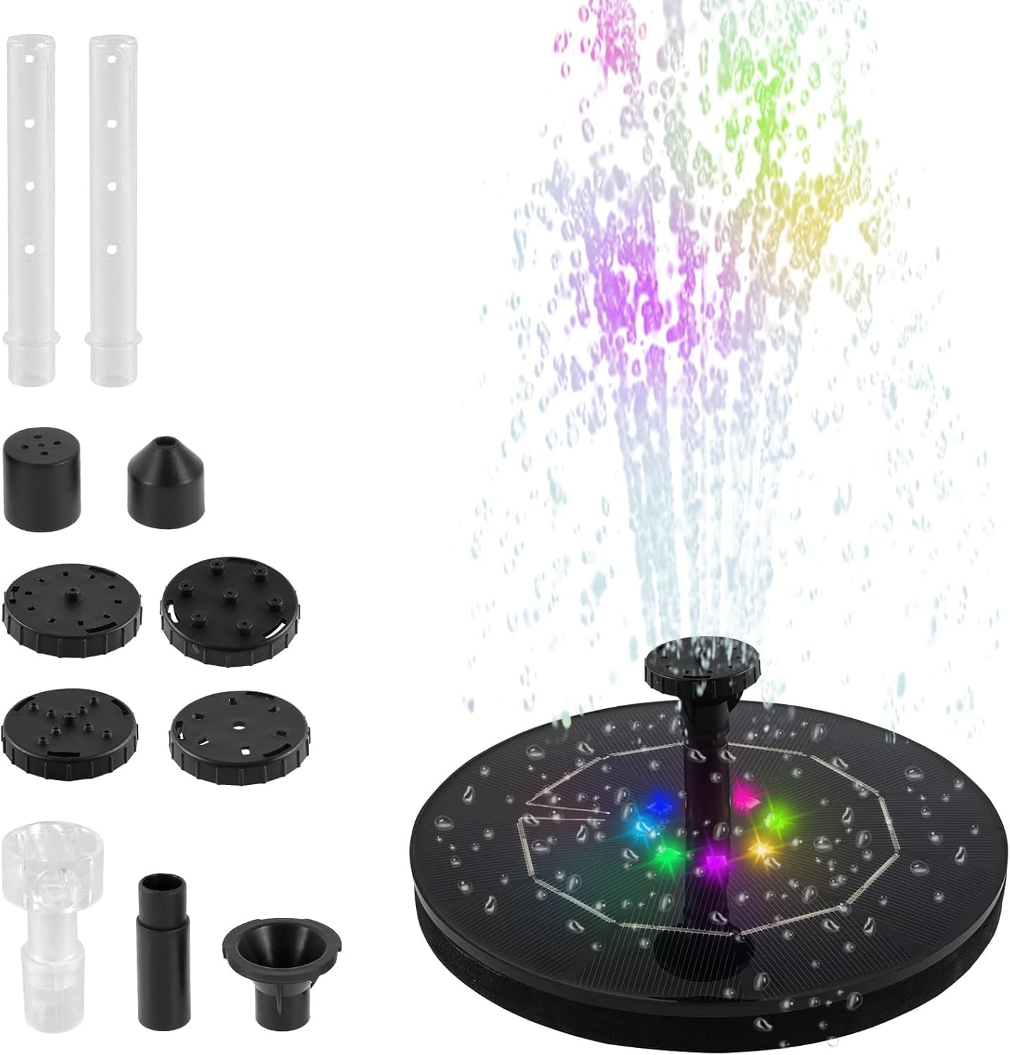 Solar Fountain, 8 Nozzle, LED Light, Rotating Stick Nozzle, Solar Bird Bath Fountain, Garden, Pond, Pool image number 6