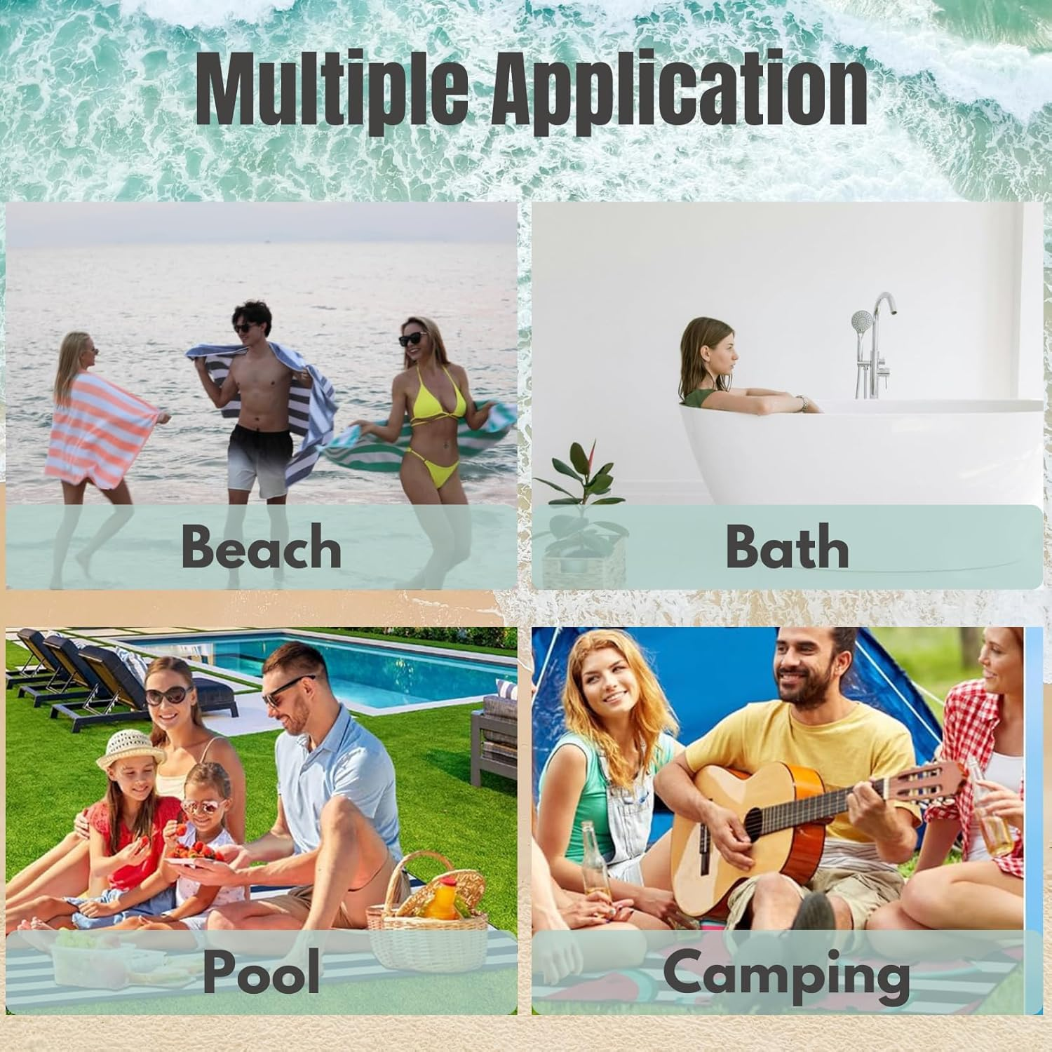 Microfibre Oversized Beach Towel - JOMWEN 180 &times; 90 Cm Quick Dry Striped Pool Towel, Beach Accessories, Extra Large Soft Lightweight Compact Beach Towels with Net Bag for Men Women (Blue, 1 Pack) image number 5