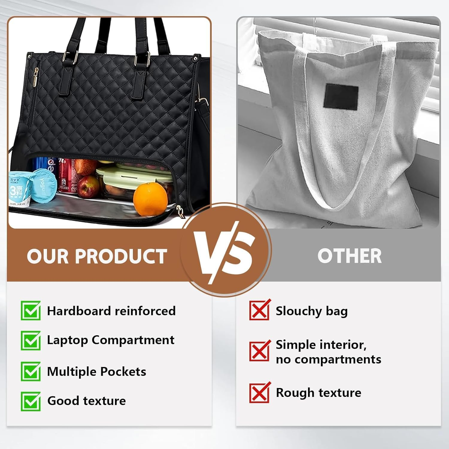 Laptop Tote Bag with Insulated Lunch Compartment for Women, PU Leather 15.6 Inch Work Bag, Elegant Computer Handbag, Versatile Business Tote for Office, Travel or Casual-Classic Black image number 2