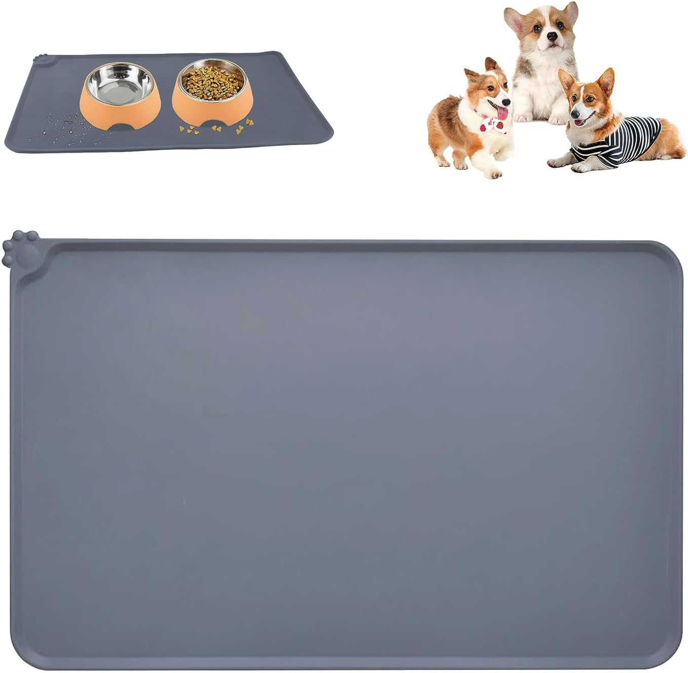 Mumoo Bear Silicone Pet Feeding Mat, Waterproof Dog Cat Food Mat with Raised Edges, Dog Cat Water Bowl Placemats for Food and Water Prevent Spill for Pets-Grey