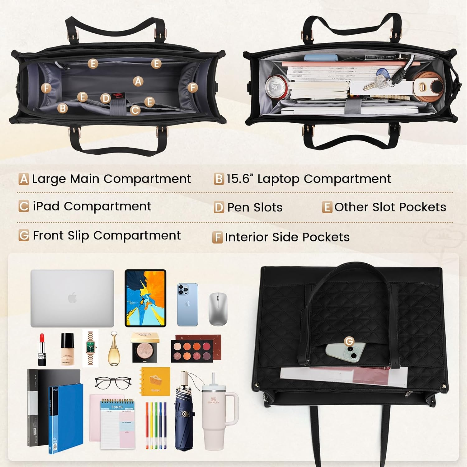 IGOLUMON Laptop Bag for Women 15.6 Inch Vegan PU Leather Work Tote Bag Designer Quilted Womens Briefcase with Clutch Purse image number 5