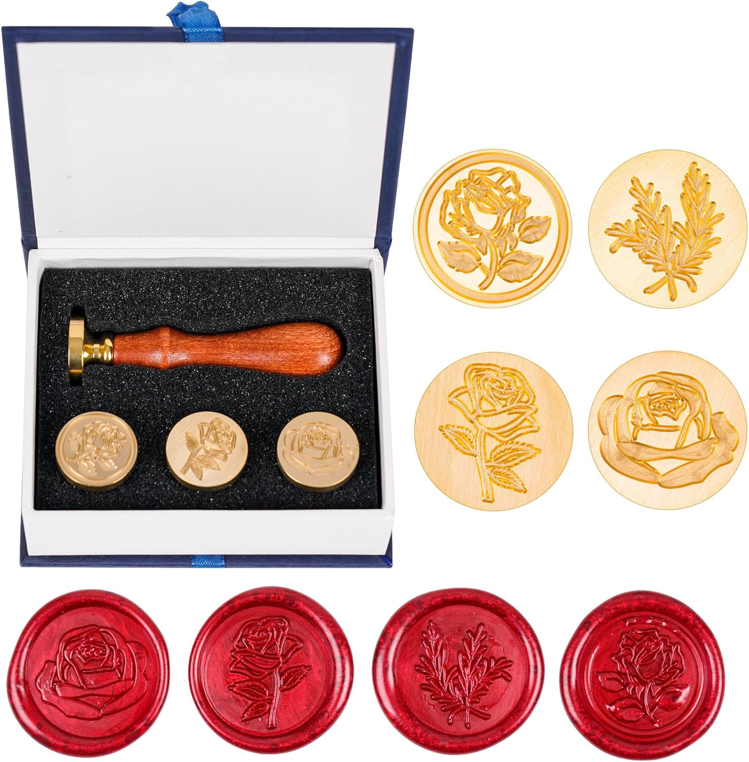 Wax Seal Stamp Set, 4 Pieces Flower Plant Sealing Wax Stamp Premium Brass Heads with 3 Rose Flower Styles 1 Rosemary Style 1 Wooden Handle for Wedding Invitation Greeting Card Envelope Gift