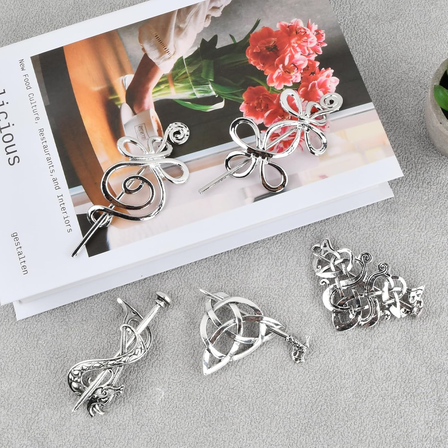 Amexo Pack of 5 Celtic Viking Hair Clips, Vintage Hair Clip Hair Pins Minimalist Metal Knot Hair Stick Knot Hair Clip Retro Hair Accessories for Girls Women (Silver) image number 5
