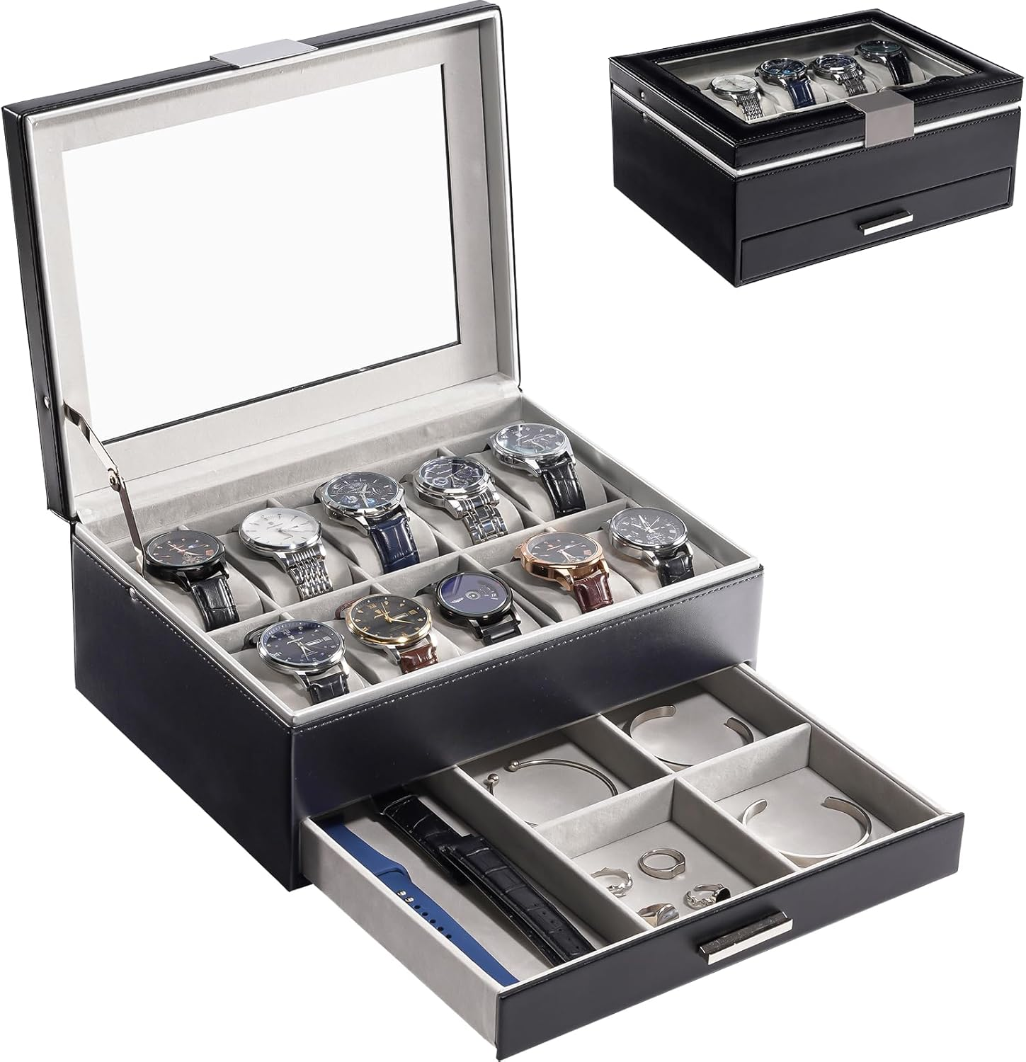 Procase Watch Case for Women, 10 Slot Watch Display Case with Drawer, 2-Layer Womens Watch Box, 10 Watch Box Organizer, Jewelry and Watch Holder Storage Case with Glass Lid -Beige