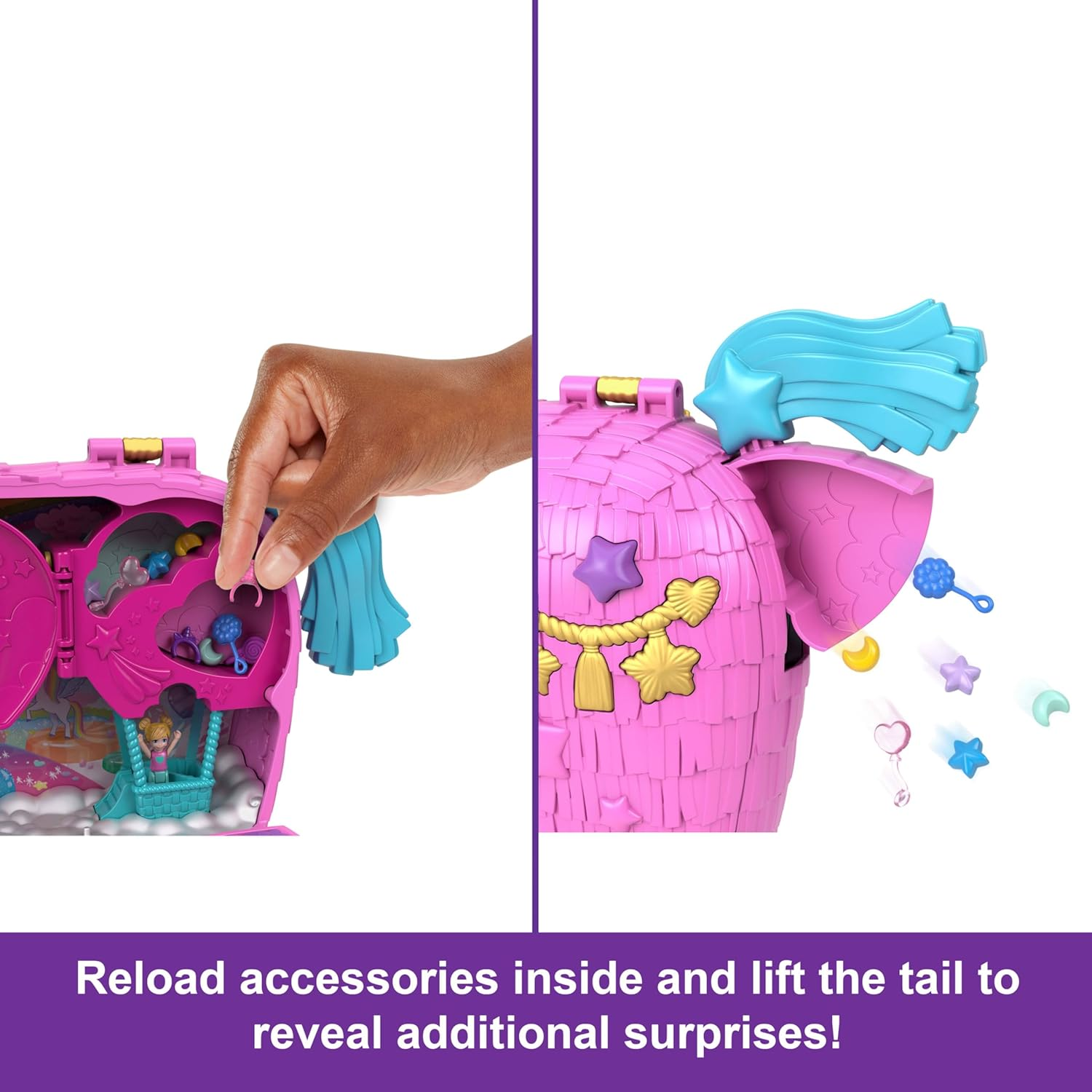 Polly Pocket Dolls & Playset with Pets & 25+ Surprise Accessories, Birthday Celebration Unicorn Partyland Playset, Hot Air Balloon Ride image number 5