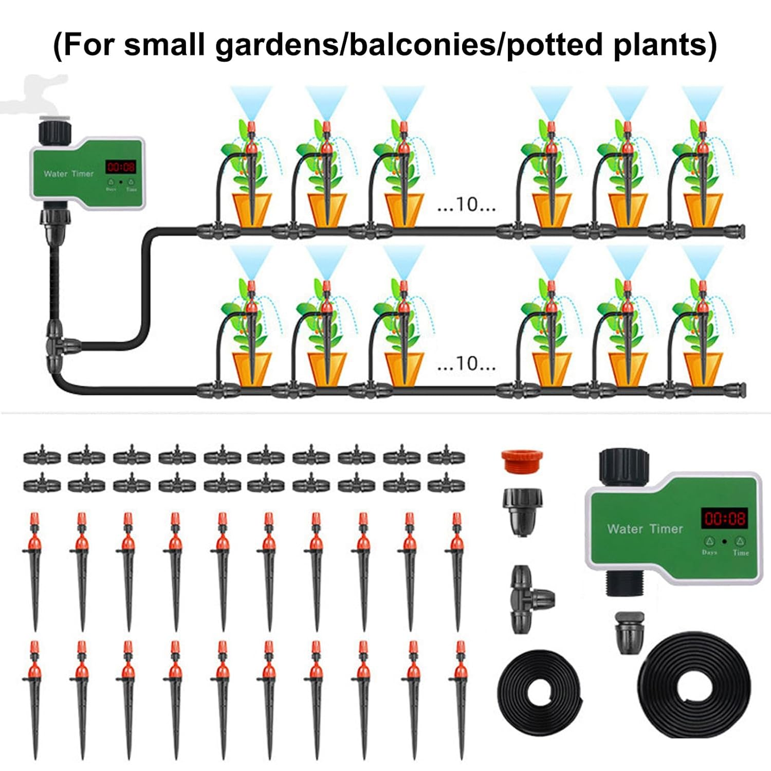 Automatic Drip Irrigation Kits, 98.4FT Drip Irrigation System with Garden Timer, Quick Connector Watering Nozzles for Greenhouse, Garden, Lawn, Potted Plants Green image number 3