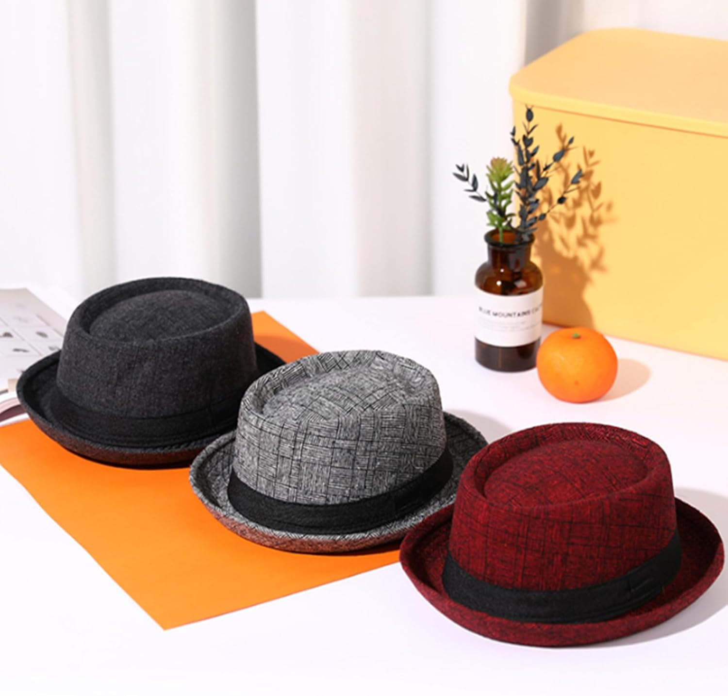 HEYANN Men'S Pork Pie Hat, Plaid Tweed Pork Pie Hat &ndash; Short Brim Fedora Hats round Crown Retro Flat Cap for Spring & Fall Beach, Party Hat image number 6