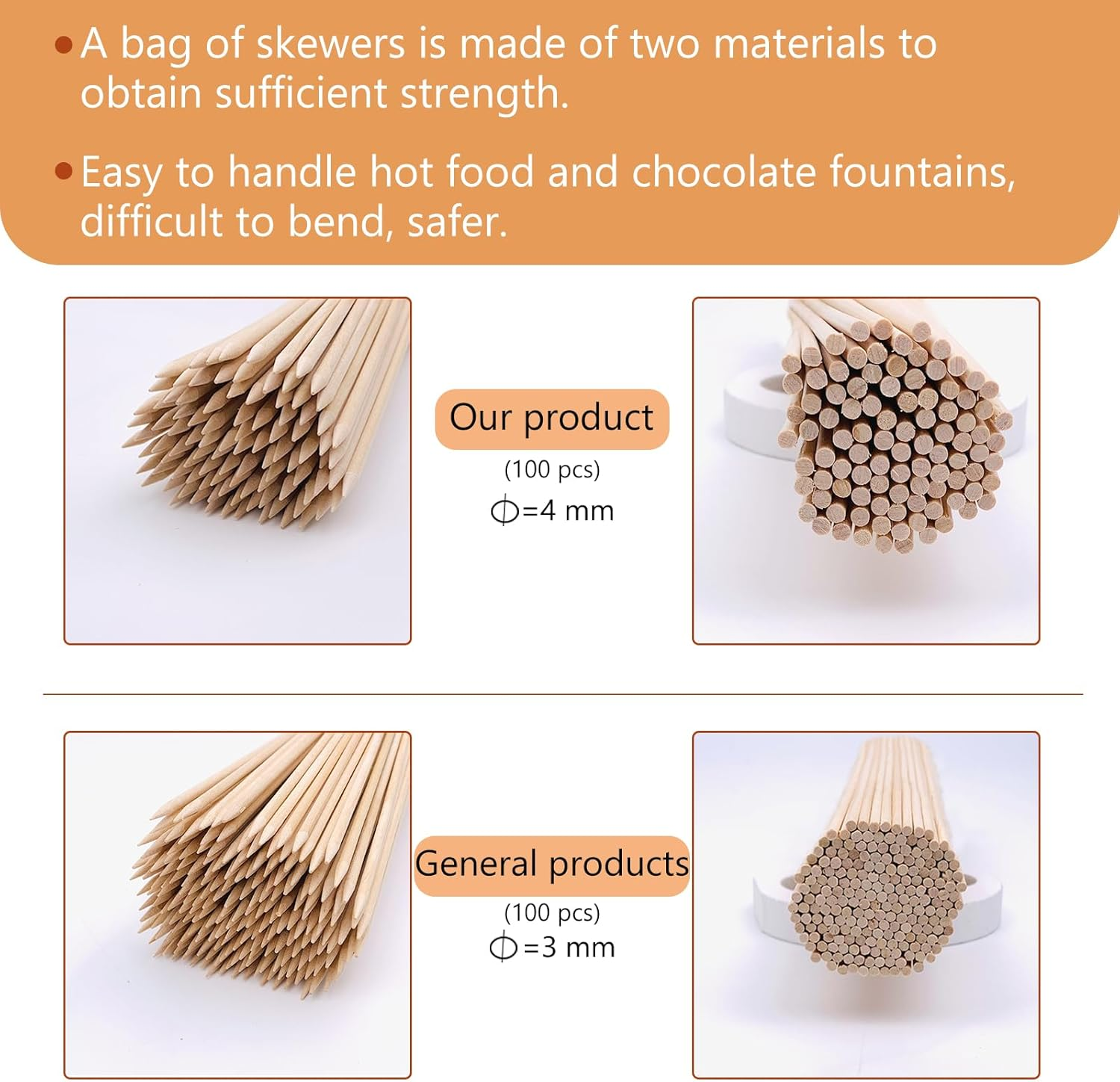 6" Natural Bamboo Skewers the Diameter Is 4Mm (100 PCS) image number 4