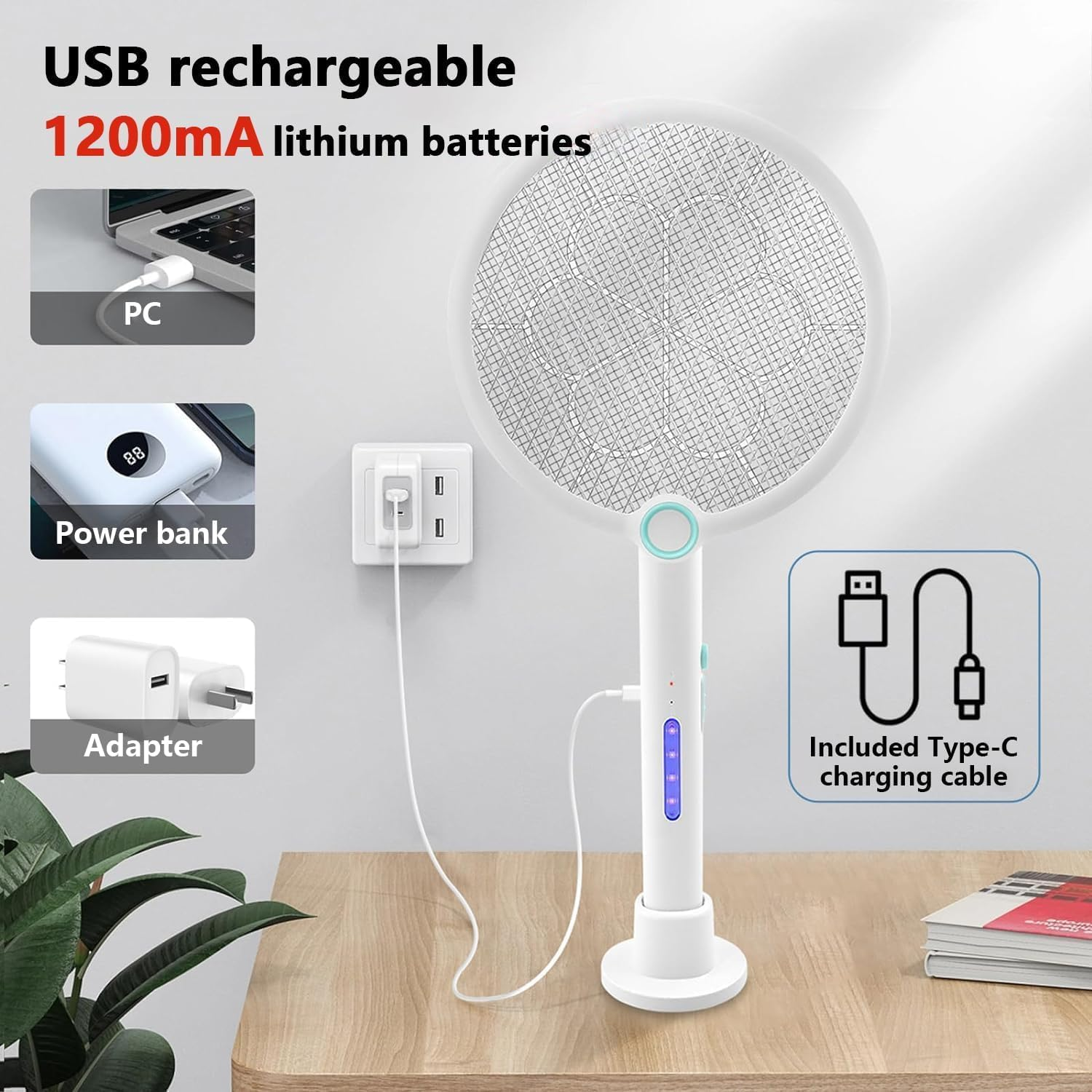 Foldable Electric Fly Swatter, Mosquito Zapper Lamp with Stable Base, 2-In-1 USB Rechargeable Bug Zapper for Indoor Outdoor Use in Kitchen Garden Patio image number 2