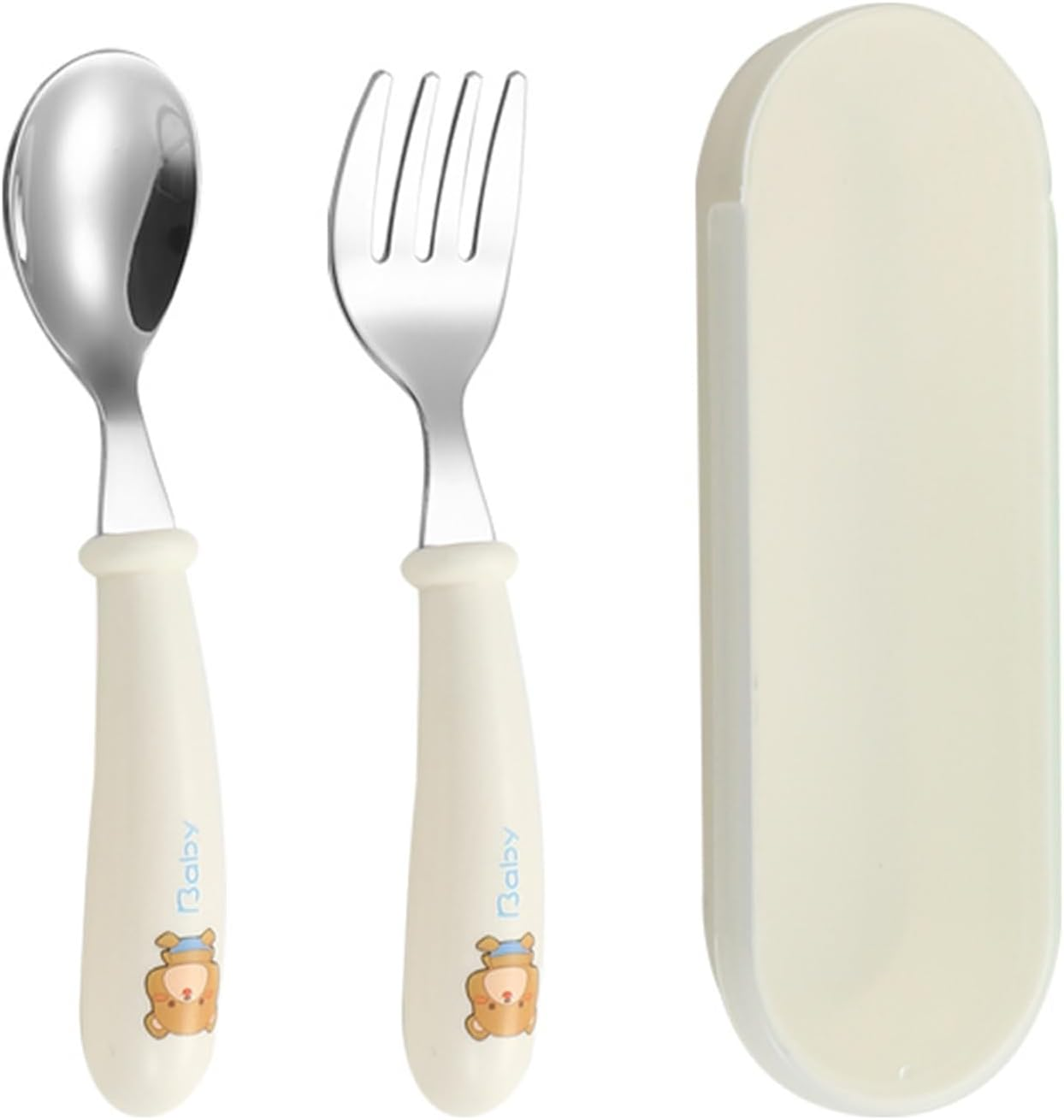 Yeanifeana Stainless Steel Fork and Spoon Set with Travel Case, Durable, Dishwasher Safe Utensils Perfect for Learning to Use (Bear)