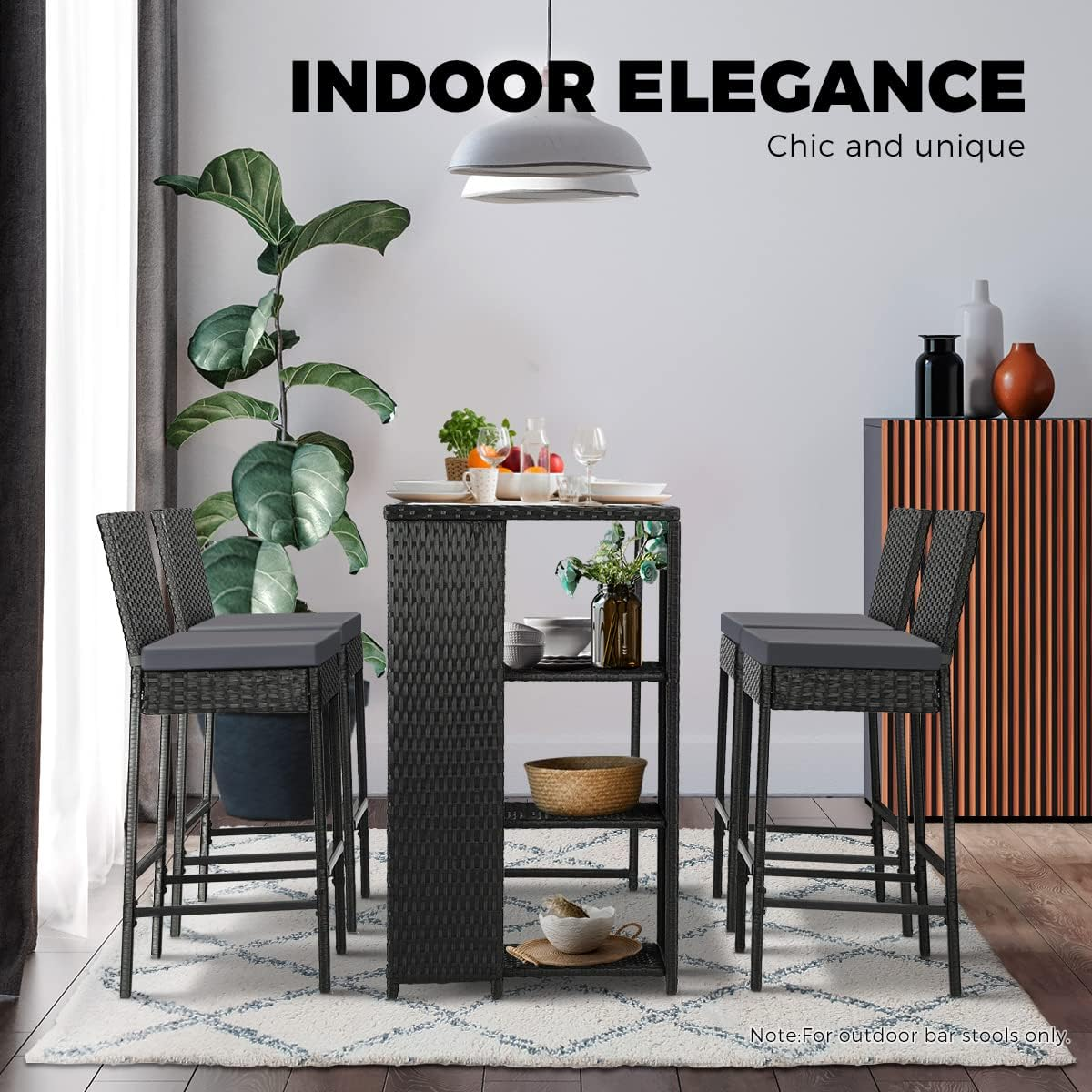 Livsip Outdoor Bar Sets Bar Stool High Stools Rattan Wicker Chair Outdoor Furniture Sets Garden Patio Dining Chair X 4 Black image number 2