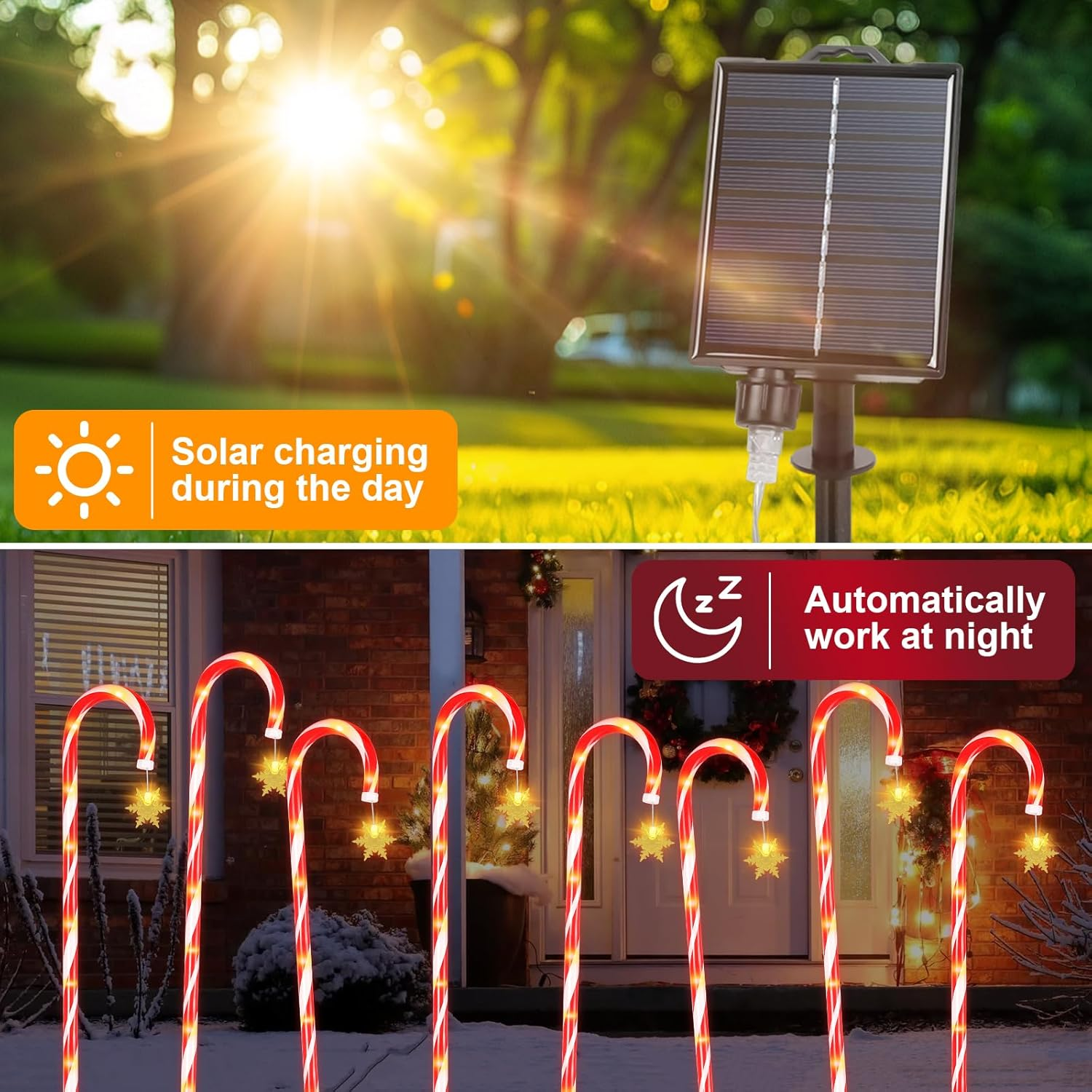 Ninonly 6 Pack Solar Christmas Candy Cane Lights, 1.2M Solar Christmas Garden Lights Outdoor, 8 Modes Waterproof Xmas Pathway Light USB Charging for Yard Patio Decorations image number 3