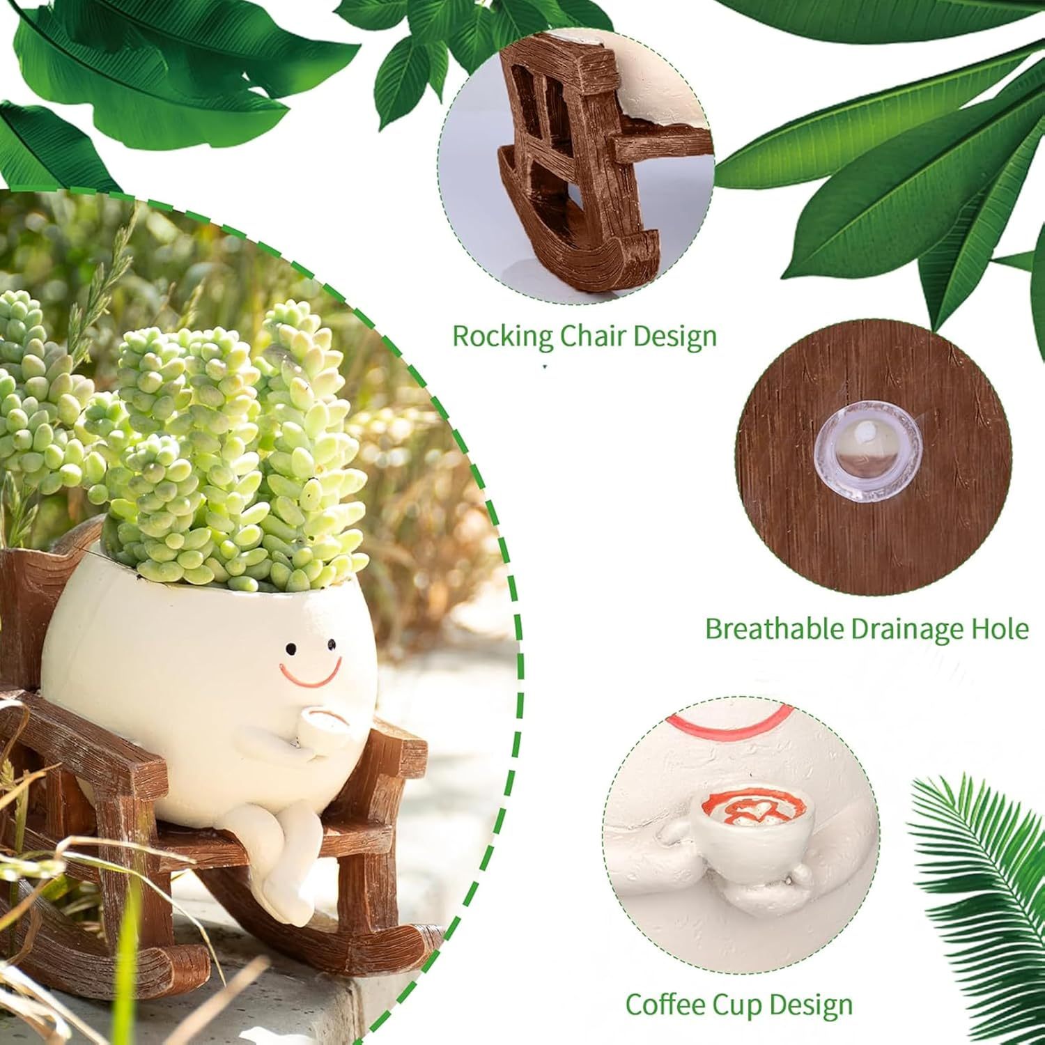 Swinging Smiley Face Plant Pot,Cute Coffee Plant Pots for Indoor Outdoor,Cute Head Resin Rocking Chair Plant Pots,Rocking Chair Succulent Flower Pots with Drainage Hole, Gift Ideai for Birthday image number 4
