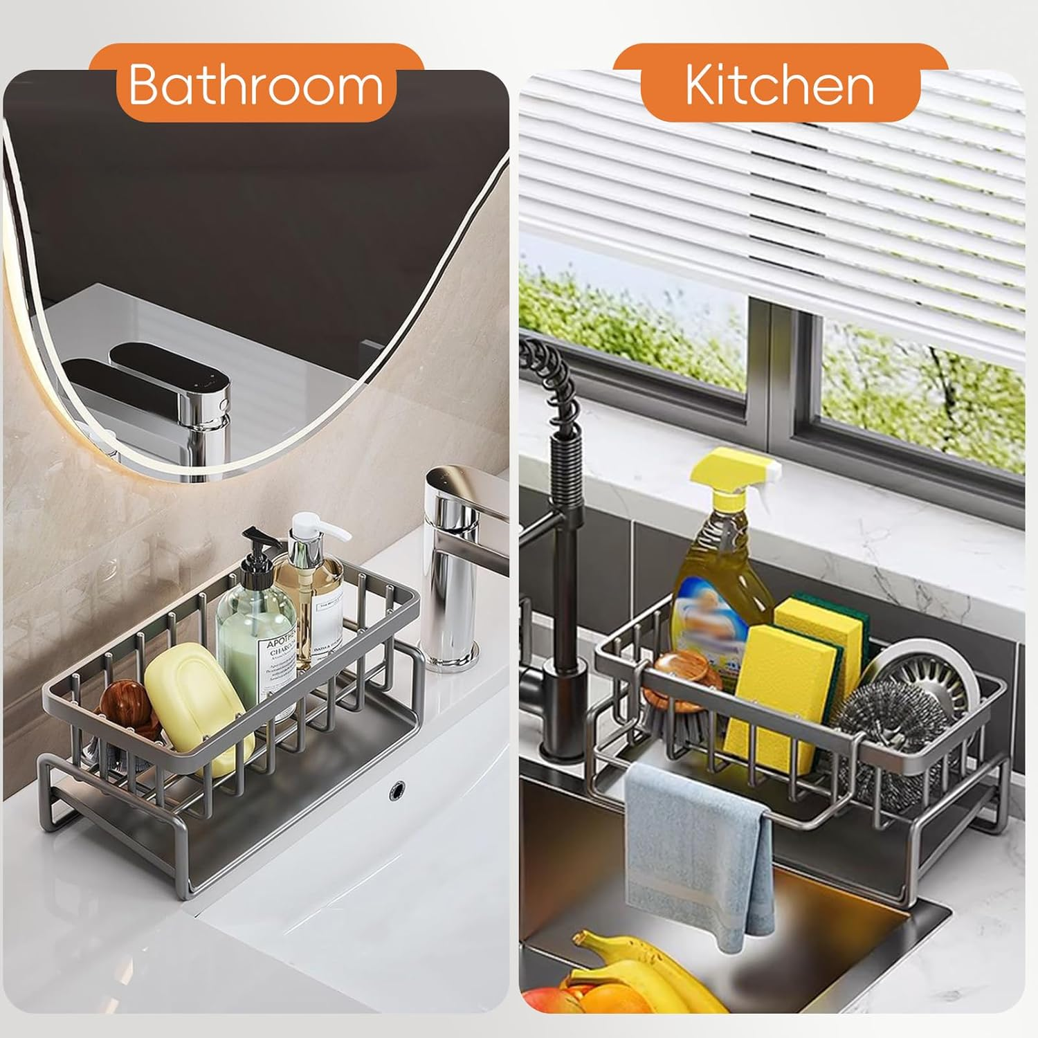 Kitchen Caddy Sponge Holder,Organiser Bathroom Kitchen Storage Sink Drainer Grey image number 4