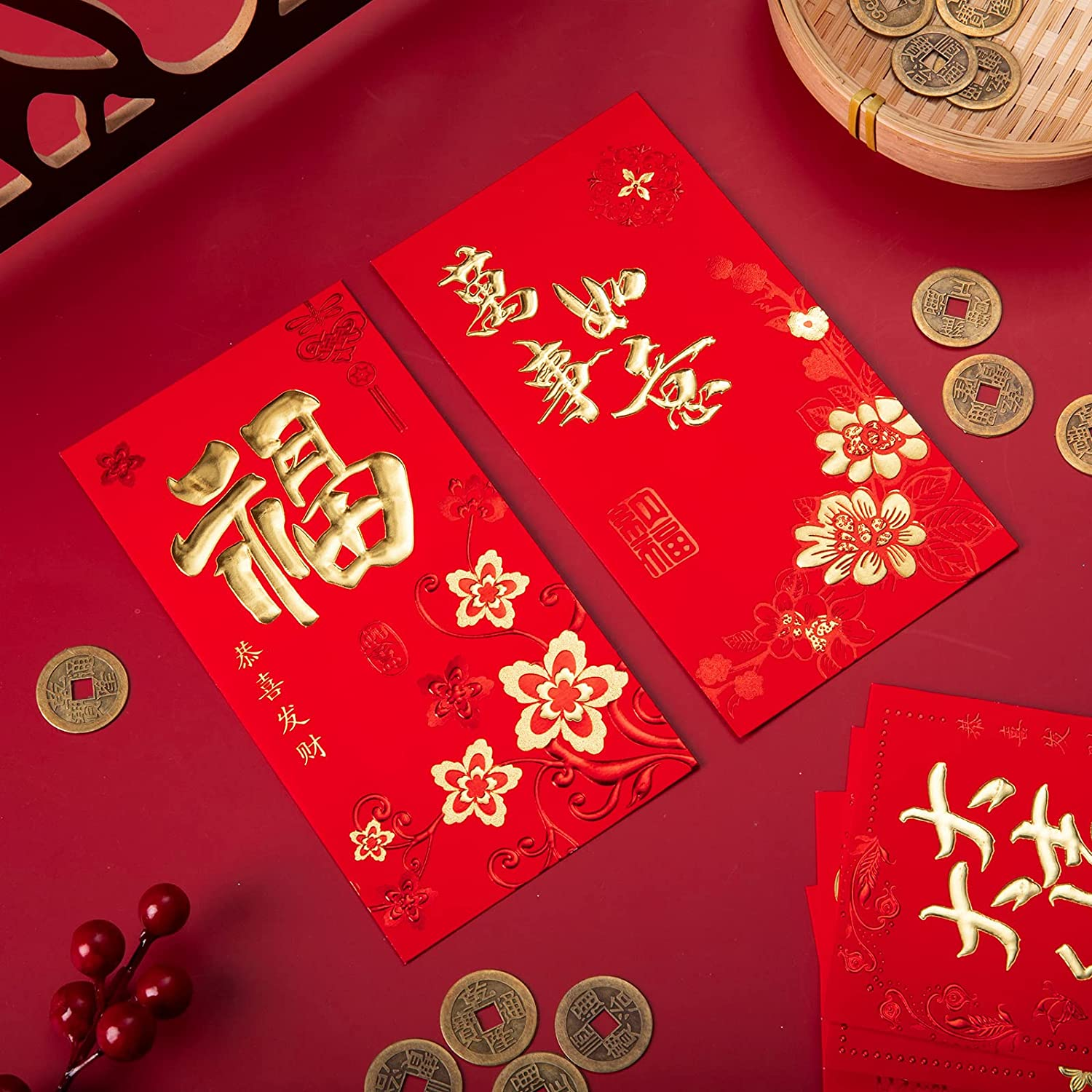 Whaline 72Pcs Chinese New Year Red Envelopes Large Red Packet 2024 Year of the Dragon Hong Bao Plum Blossom Pattern Spring Chinese Lucky Money Pockets for Wedding Chinese Lunar Year, 3.5 X 6.7 In image number 1