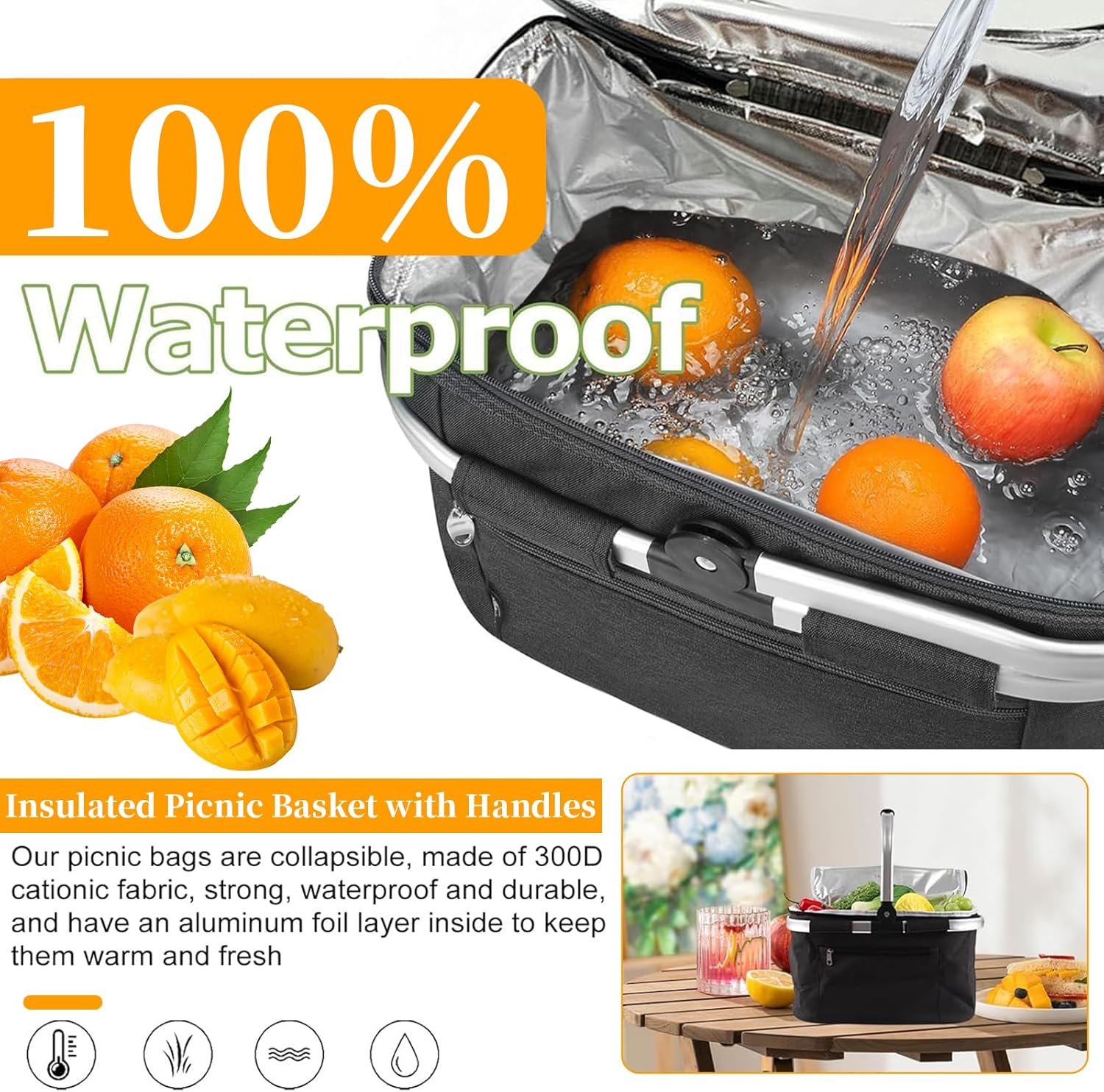 Insulated Picnic Basket with Handles, Portable Foldable Picnic Hamper, Collapsible Cooler Lunch Bag, Market Tote Bag, Food Storage Basket for Picnic Food Delivery Take Out Market Shopping Travel (BK)