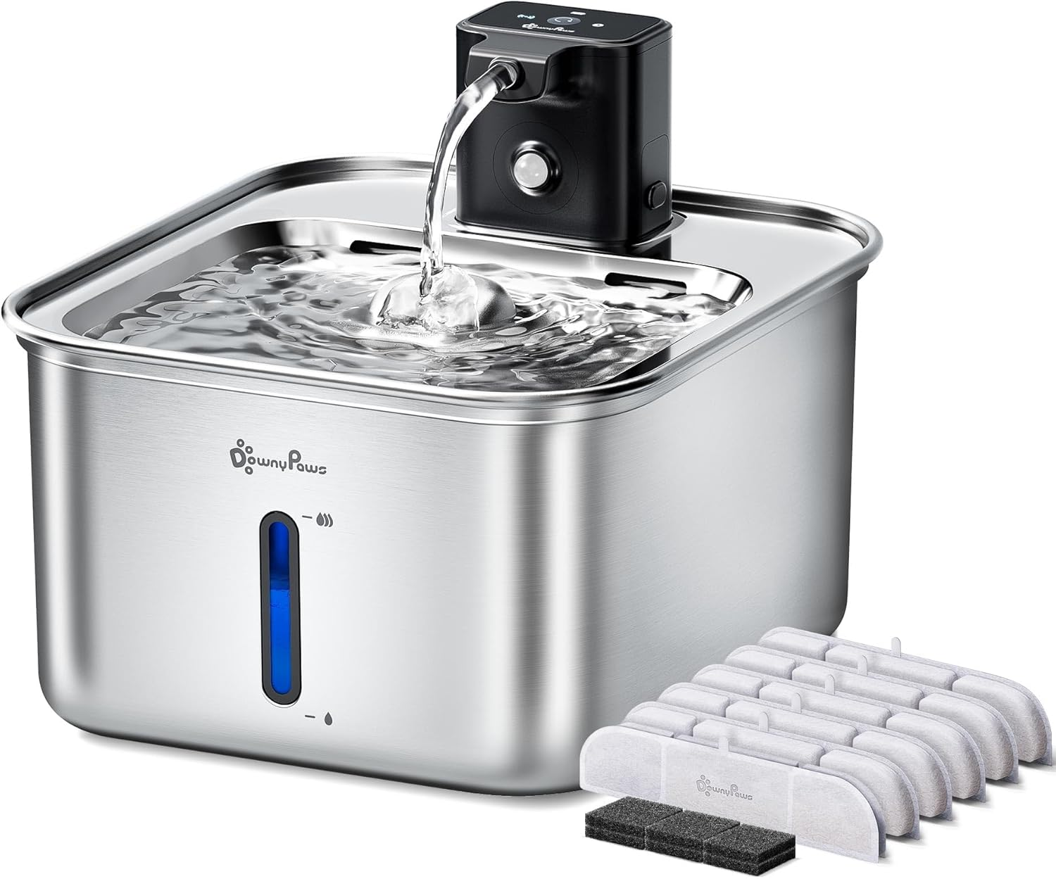 Downypaws Cat Fountain Stainless Steel Wireless Drinking Fountain for Cats Stainless Steel with Motion Sensor and Battery Operated with 6 Filters