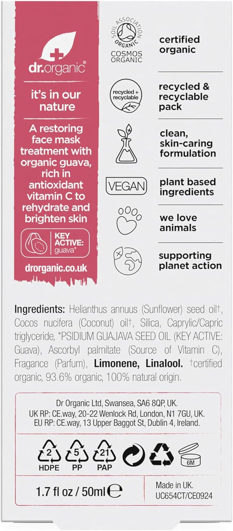 Dr Organic Guava Face Mask, Vitamin C, Brightening, Mens, Womens, Natural, Vegan, Cruelty-Free, Paraben & Sls-Free, Certified Organic, 50Ml, Packaging May Vary image number 1