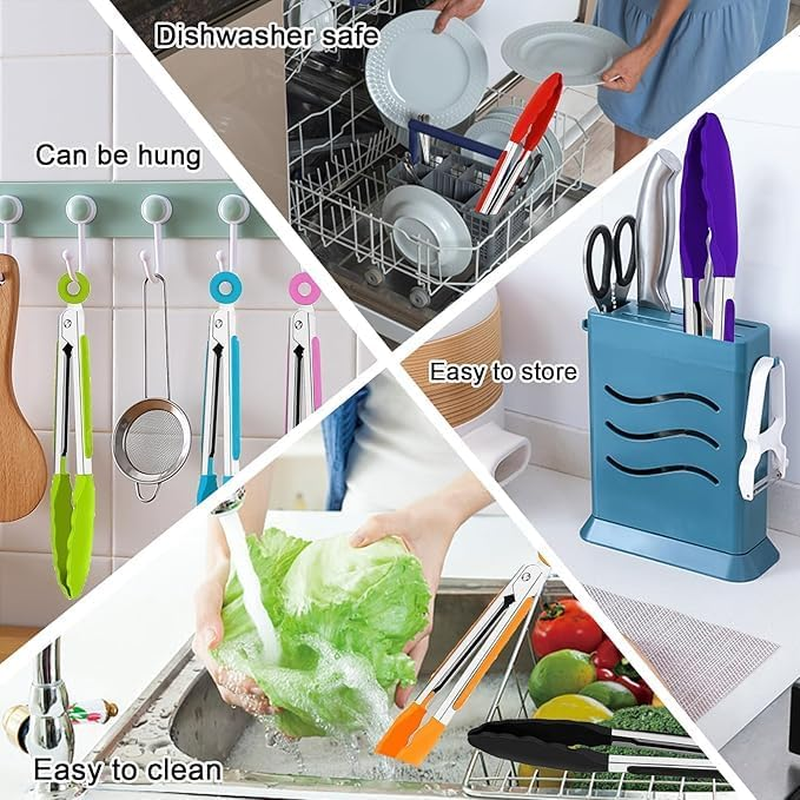 7 Pack Kitchen Tongs Set, Stainless Steel Silicon Handles and Nylon Tips,7 Inch Color Stainless Steel Tongs,Heat Resistant Non-Stick BBQ Tongs with Locking, for Cooking Grilling Salad image number 6