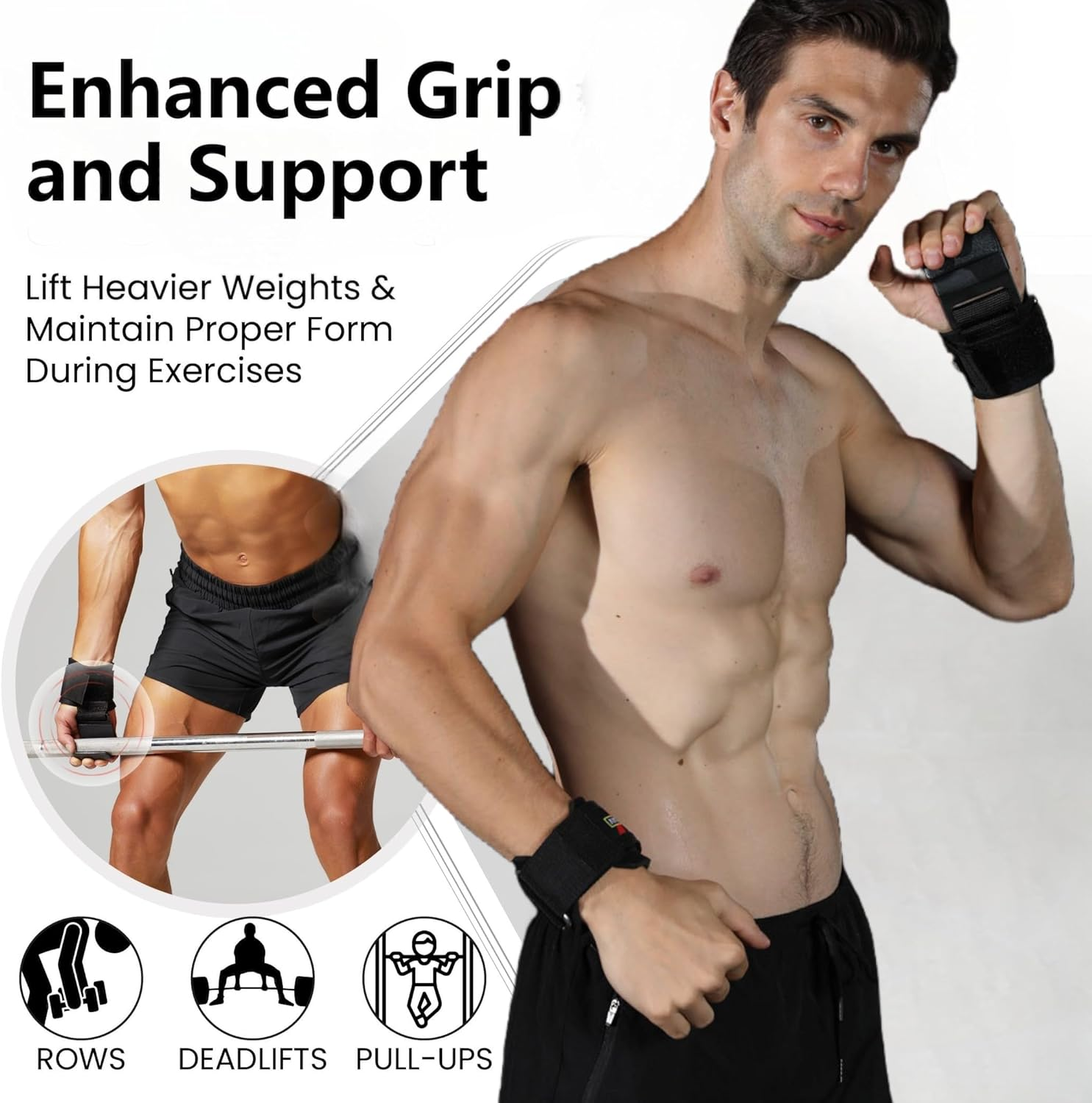 Weight Lifting Hooks (Pair), Heavy Duty Power Wrist Straps Hand Grip Support for Deadlifts, Pull Ups, Shrugs - Gym Gloves for Men and Women image number 5
