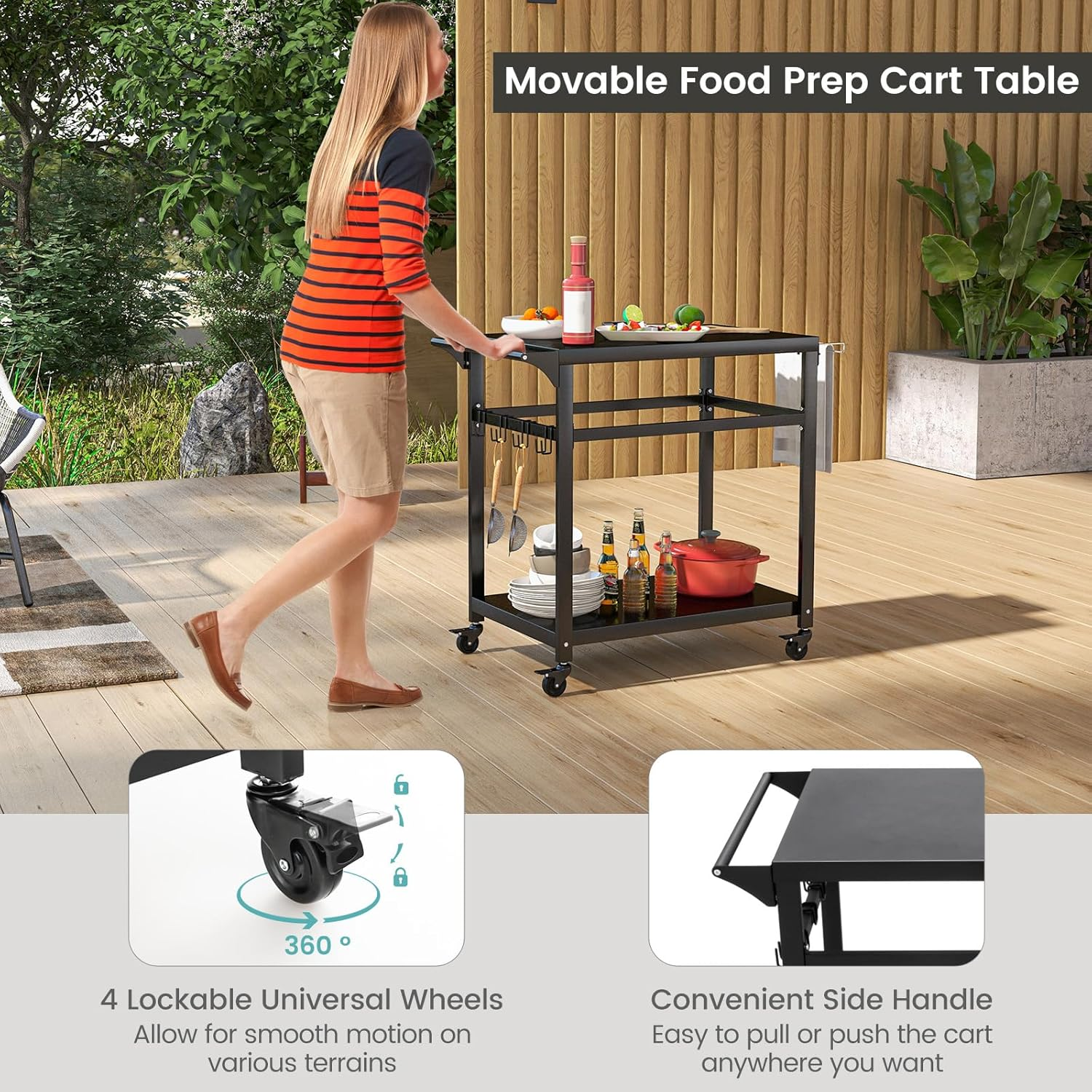 Costway Outdoor Grill Cart Pizza Oven Stand, Movable Dining Cart Work Table with Shelf, Hooks, Multifunctional Backyard Patio BBQ Kitchen Food Prep Cart W/Lockable Wheels, Side Handle image number 4