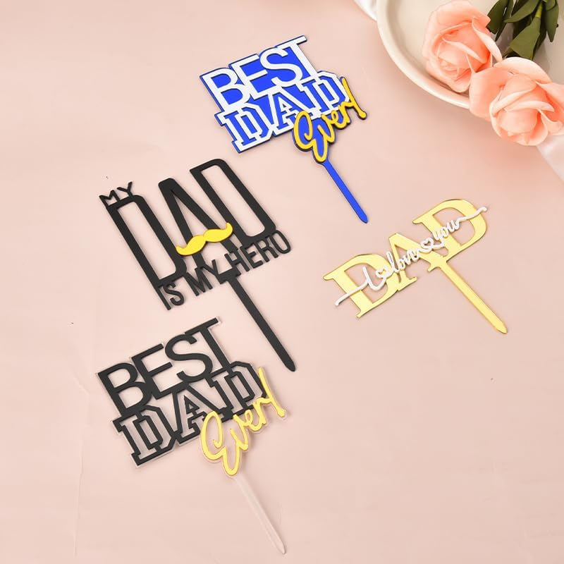 Yangqian 4Pcs Best Dad Ever Fathers Day & Birthday Cake Toppers - Gold, Black, Blue, Yellow Acrylic