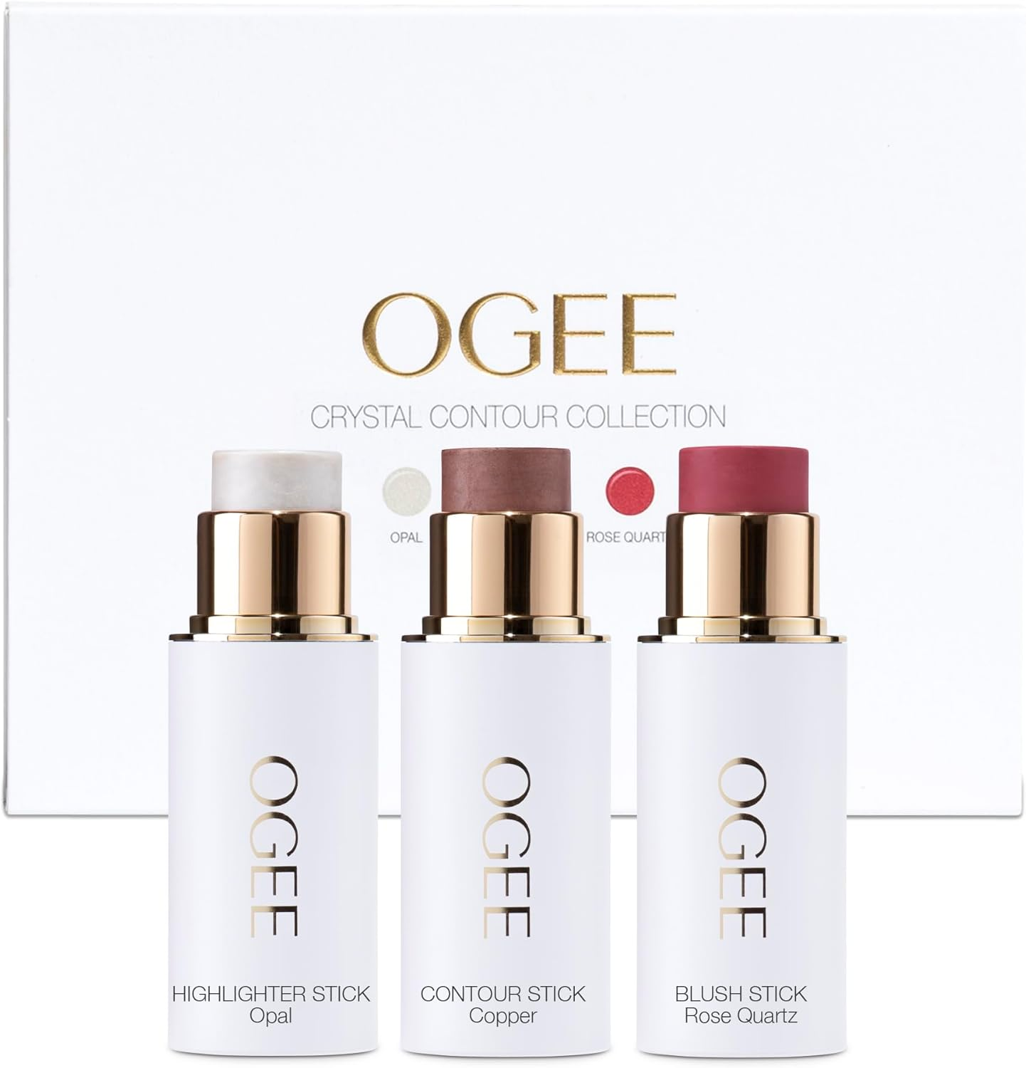 Ogee Face Crystal Collection Trio - Contour Makeup Collection - Certified Organic Palette - Includes Bronzer, Blush & Highlighter Sticks