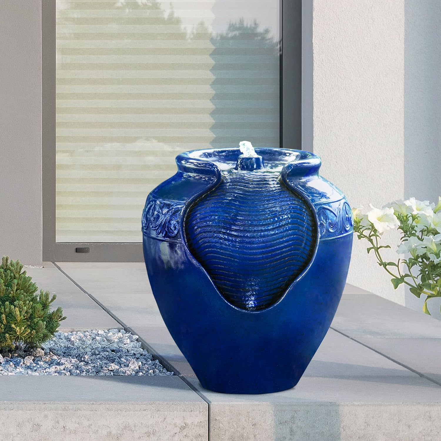 Floor Glazed Pot Water Feature Fountain 43Cm Height for Outdoor Patio Garden Backyard Decking with Led Lights and Pump, Royal Blue-Teamson Home image number 5