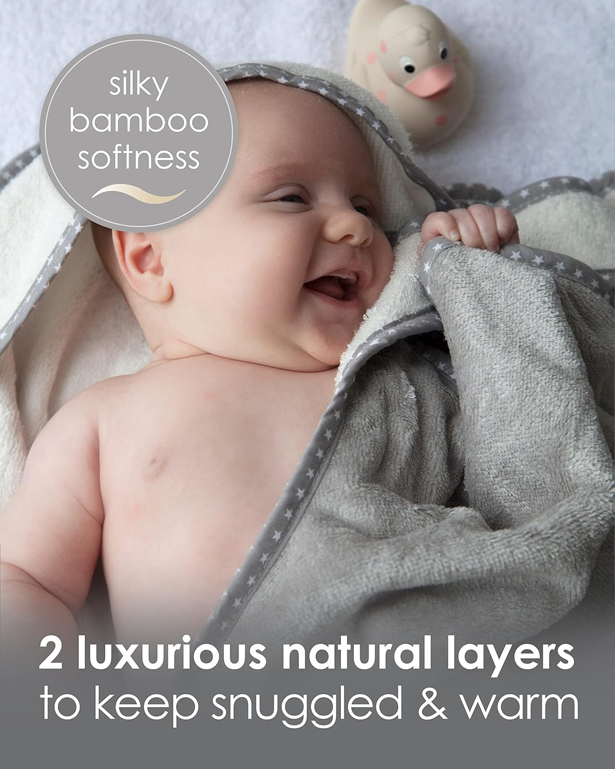 Cuddledry Hands-Free Baby Bath Towel | Soft Bamboo & Cotton Apron | Newborn Support & Gift | Fast-Drying, Safe & Absorbent | Grey - White image number 3