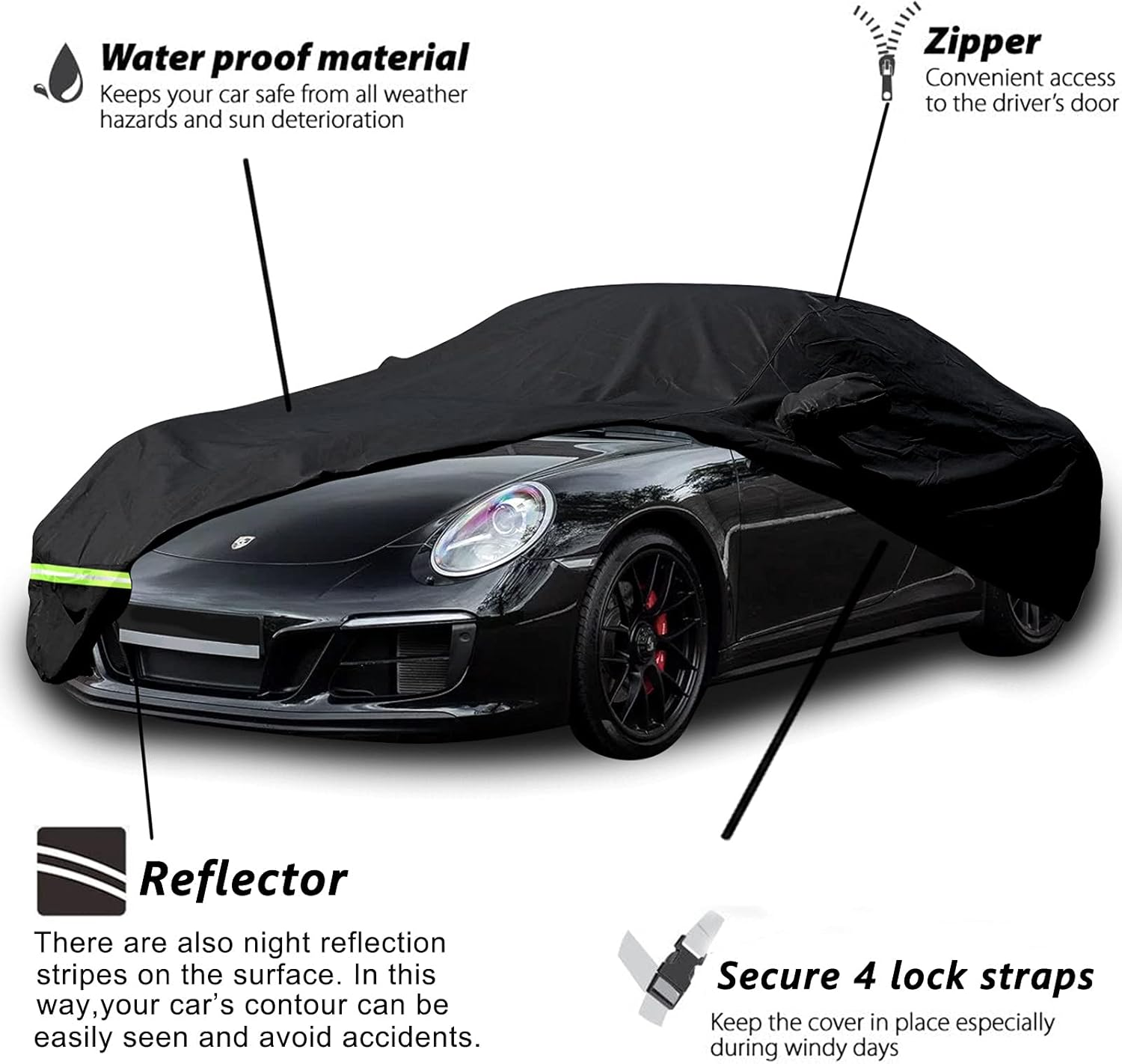 Waterproof Car Covers for 1998-2026 Porsche 991/992/996/997 Series Carrera/Targa/Turbo/Gts 210T Cover Customer Fit 100% Waterproof Car Covers with Zipper Door & Windproof Strap （911） image number 4