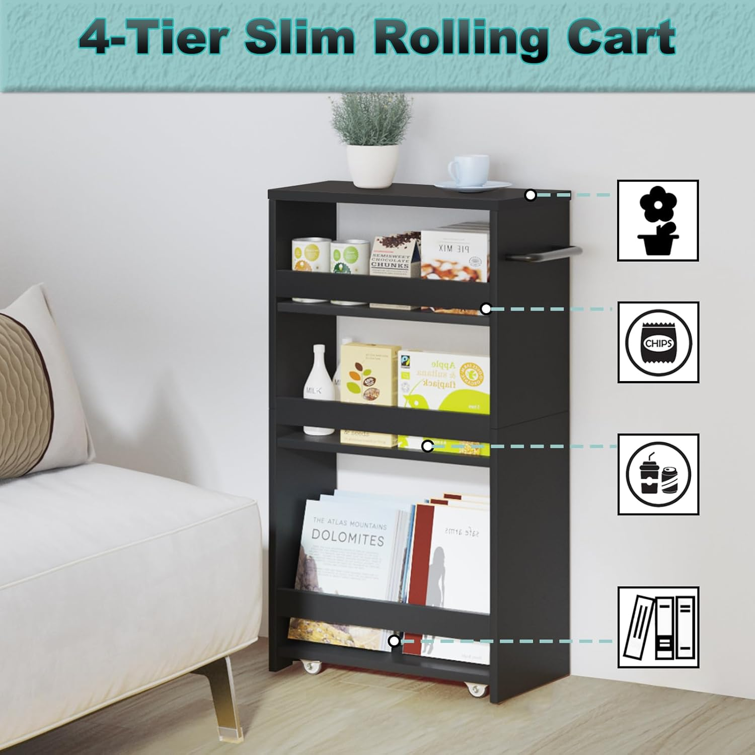 MARTY Rolling Storage Cart 7.9" W, 4-Tier Kitchen Cart with Wheels Handle, Slim Storage Cart Mobile Shelving Utility Carts for Bathroom Laundry Room Organization Narrow Places (All Black) image number 6