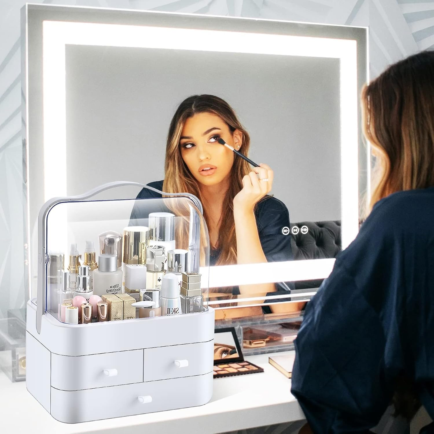 Makeup Organizer for Vanity, Make up Organizers and Storage, Cosmetics Skincare Organizers with Lid and Drawers, Dust Proof Drawers,Great for Bathroom Countertop Bedroom Dresser image number 2