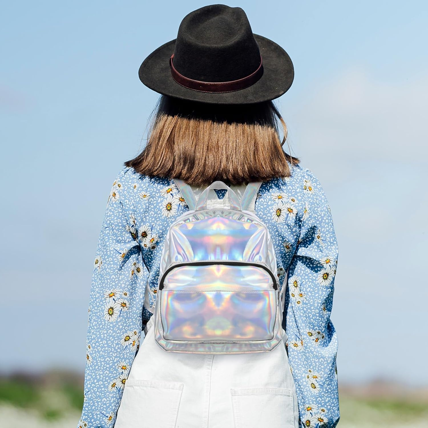 BESTYASH Holographic Mini Backpack for Girls Chic Grey School Bag Fashionable Laser Rucksack Adjustable Straps for School and Travel image number 6
