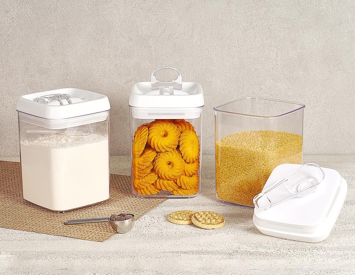 Felli Flip Tite Food Storage Container with Lid Air Tight 5&rdquo; LARGE-M Lock Top Stackable Acrylic Canister Set for the Kitchen Pantry Clear Jar Organizing Sugar Flour Powder Protein Organizer (1.8 Qt) image number 5