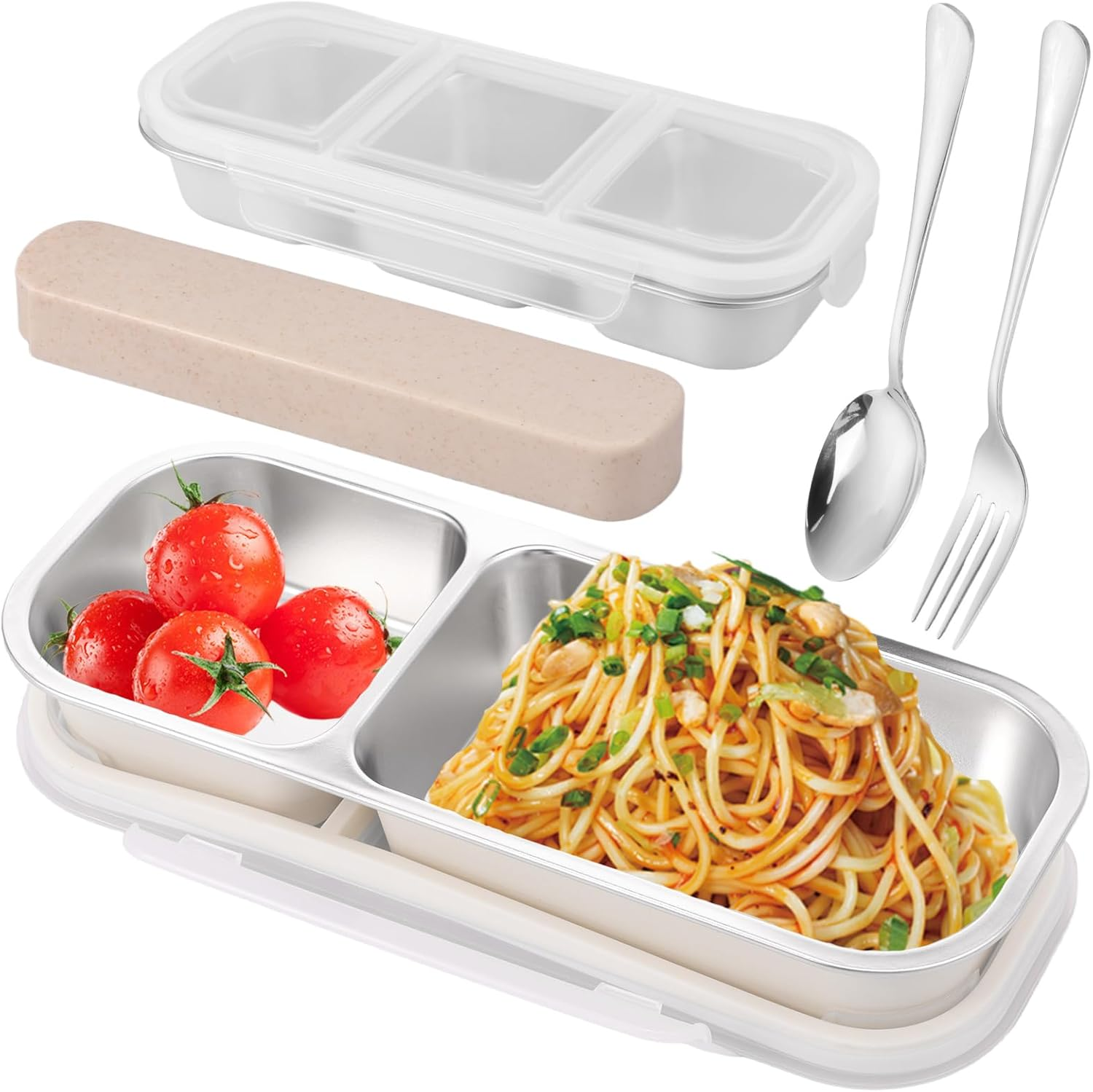 2 Pcs Stainless Steel Snack with Lid, 600/700Ml Leak Proof Crisper Compartment Box Reusable Snack Pack Container with Fork Spoon Utensil Organizer for Home Office Traveling