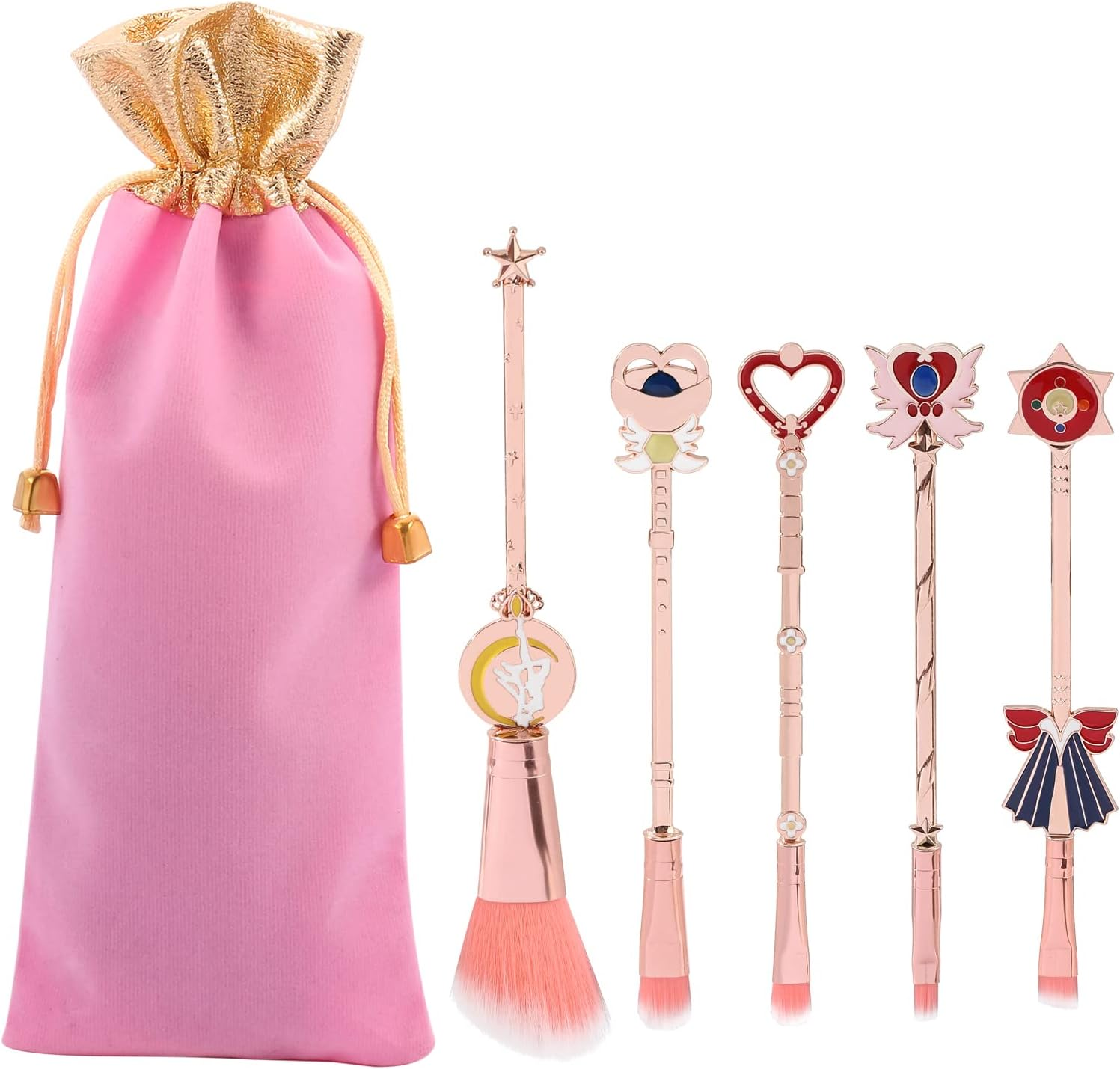 Rongji Jewelry Kawaii Sailormoon Makeup Brushes - 8Pcs Anime Magic Wand Brush Set with Pink Pouch, Professional Foundation Powder Flat Eyeline Blush Kit for Girl Women Fans (Pink 5Pcs) image number 6