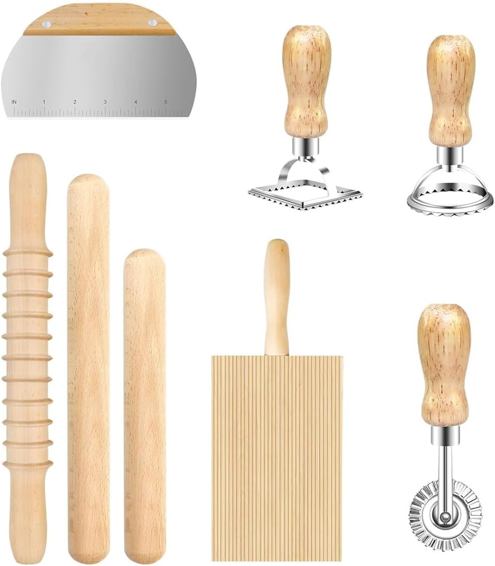 8-Piece Pasta Making Tools Set | Wooden Gnocchi Board, Pasta Cutter, Rolling Pin, Ravioli Stamps | Pasta Maker Accessories| Pizza Rolling Pin & Ravioli Press | Gnocchi Board Wood | Pasta Shape Maker image number 2