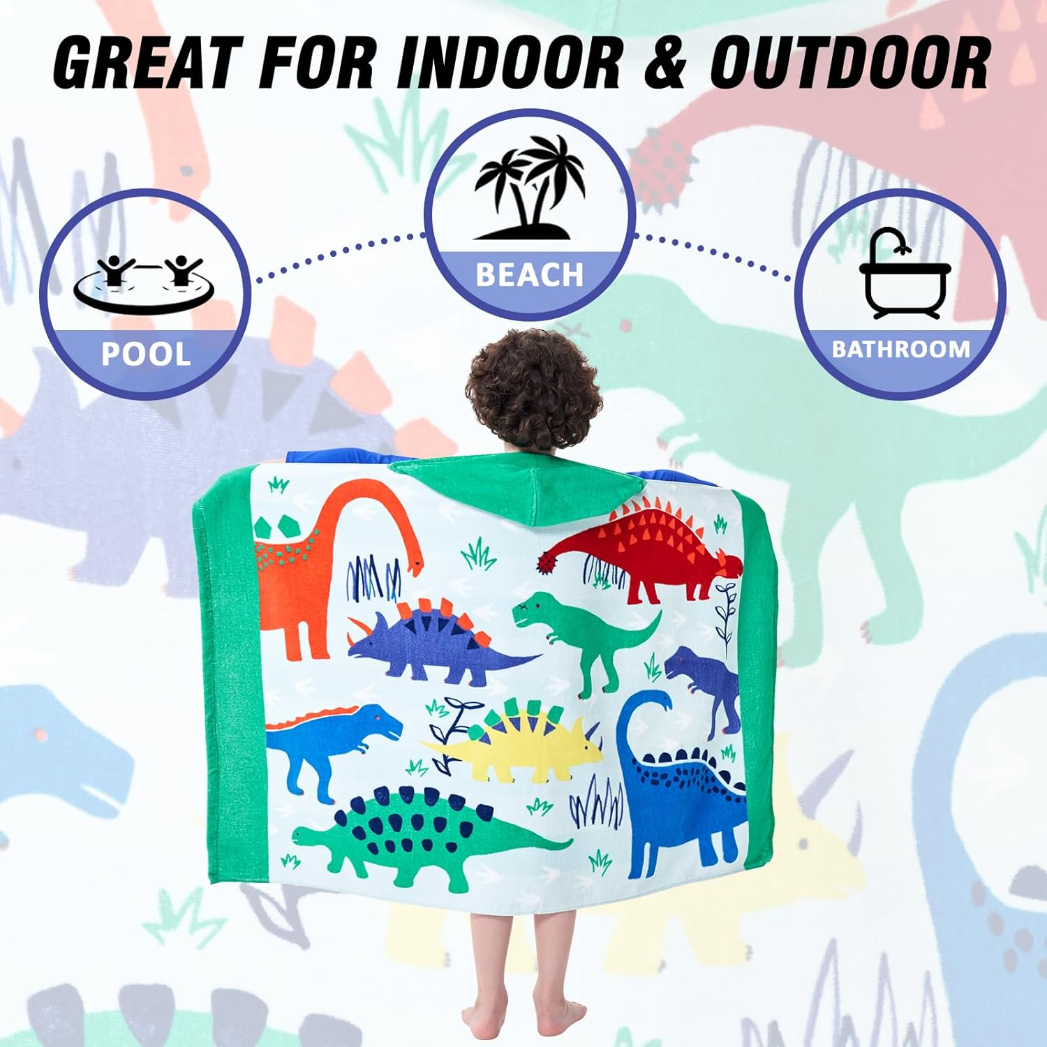 Bavilk Kids Hooded Bath Beach Towel Girls Boys Swim Pool Cover up Super Absorbent Cute Cartoon Animal Full Vitality (Dinosaur World) image number 2
