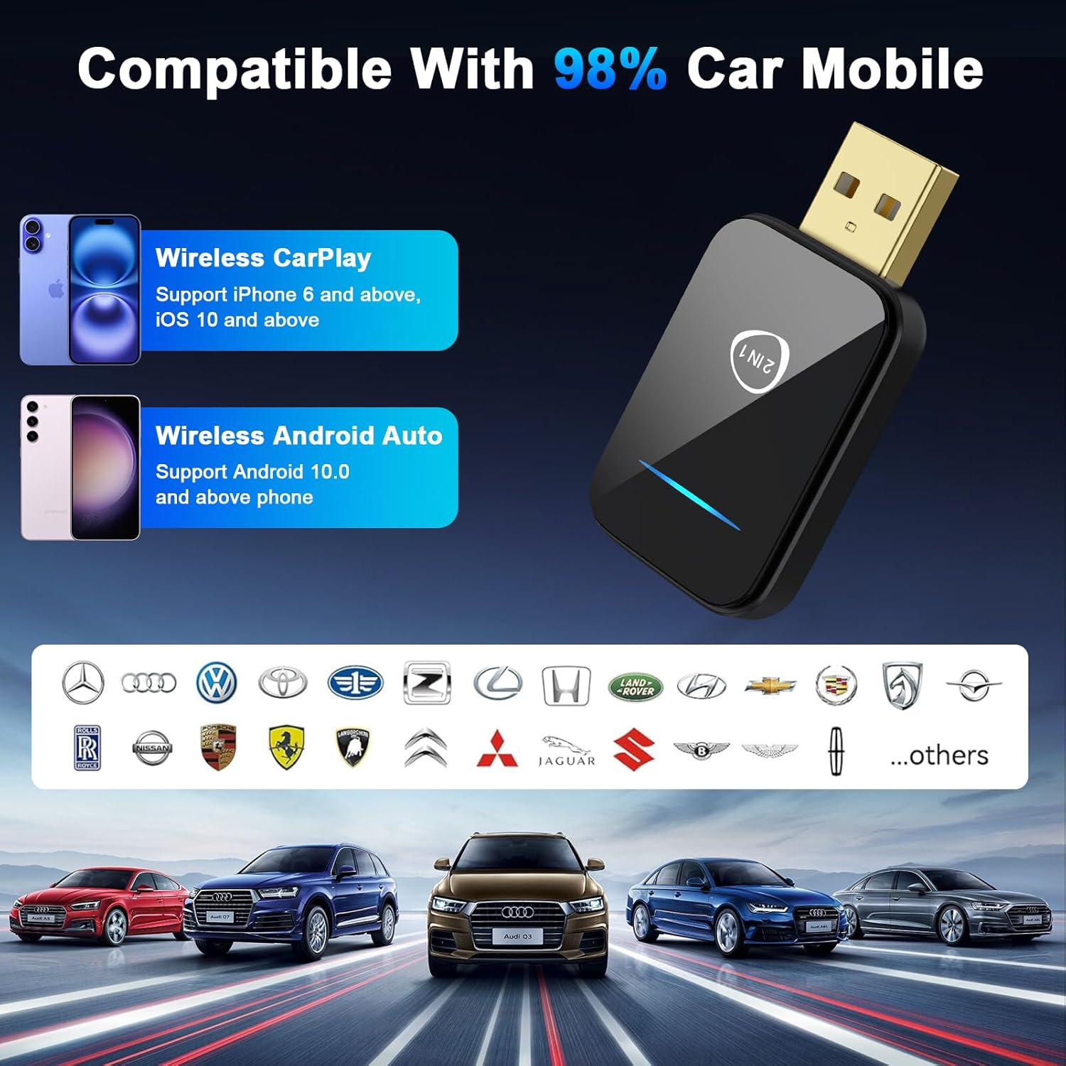 2 in 1 Wireless Carplay Adapter for Iphone & Android Auto, Convert Wired to Wireless Carplay Adapter, Mini 2025 Upgrade Plug & Play Auto Connect Easy Use for Cars from 2016 and Iphone/Android