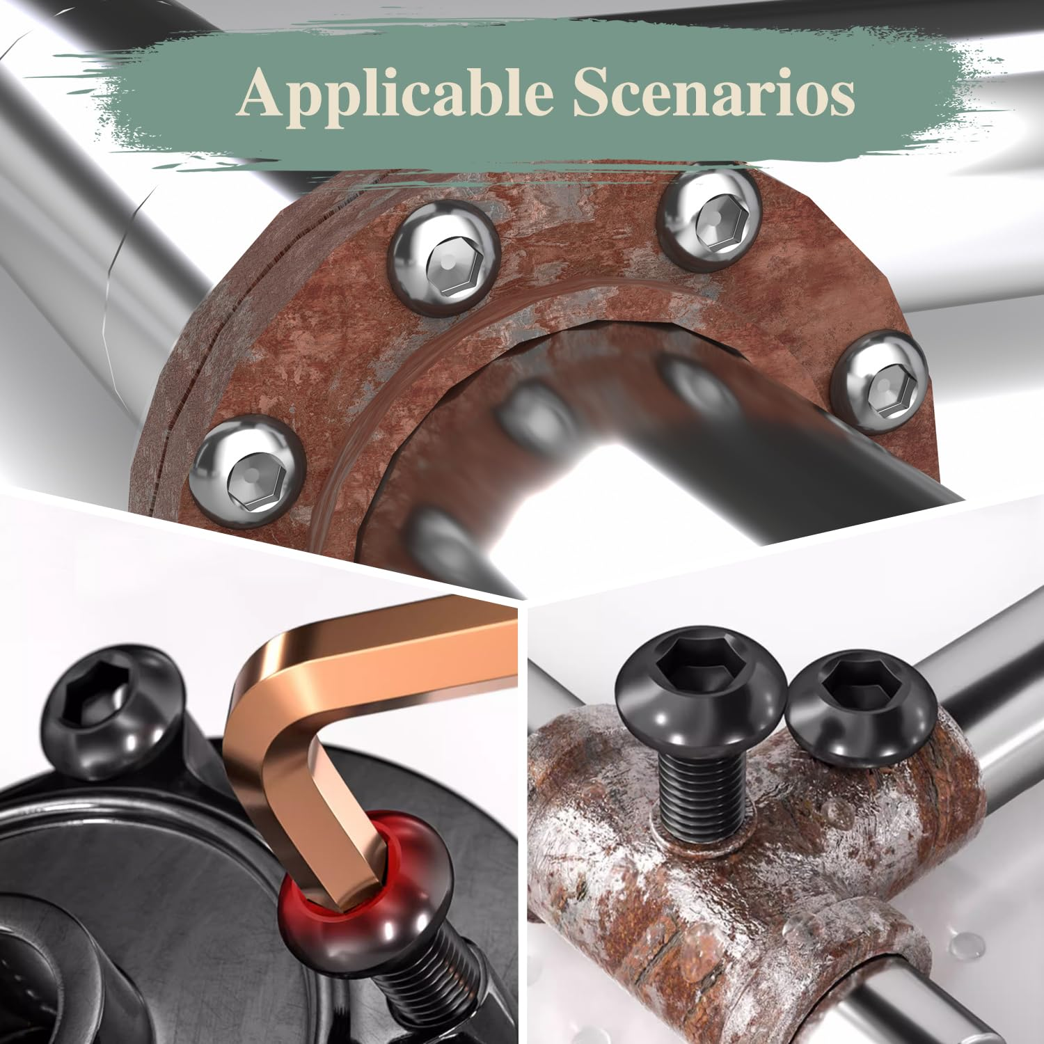 M8&times;45Mm Button Head Socket Cap Bolts Screws, Nuts, Flat Washers, 20Pcs, 304 Stainless Steel 18-8, Fully Threaded, Black Oxide, with Hex Spanner image number 5