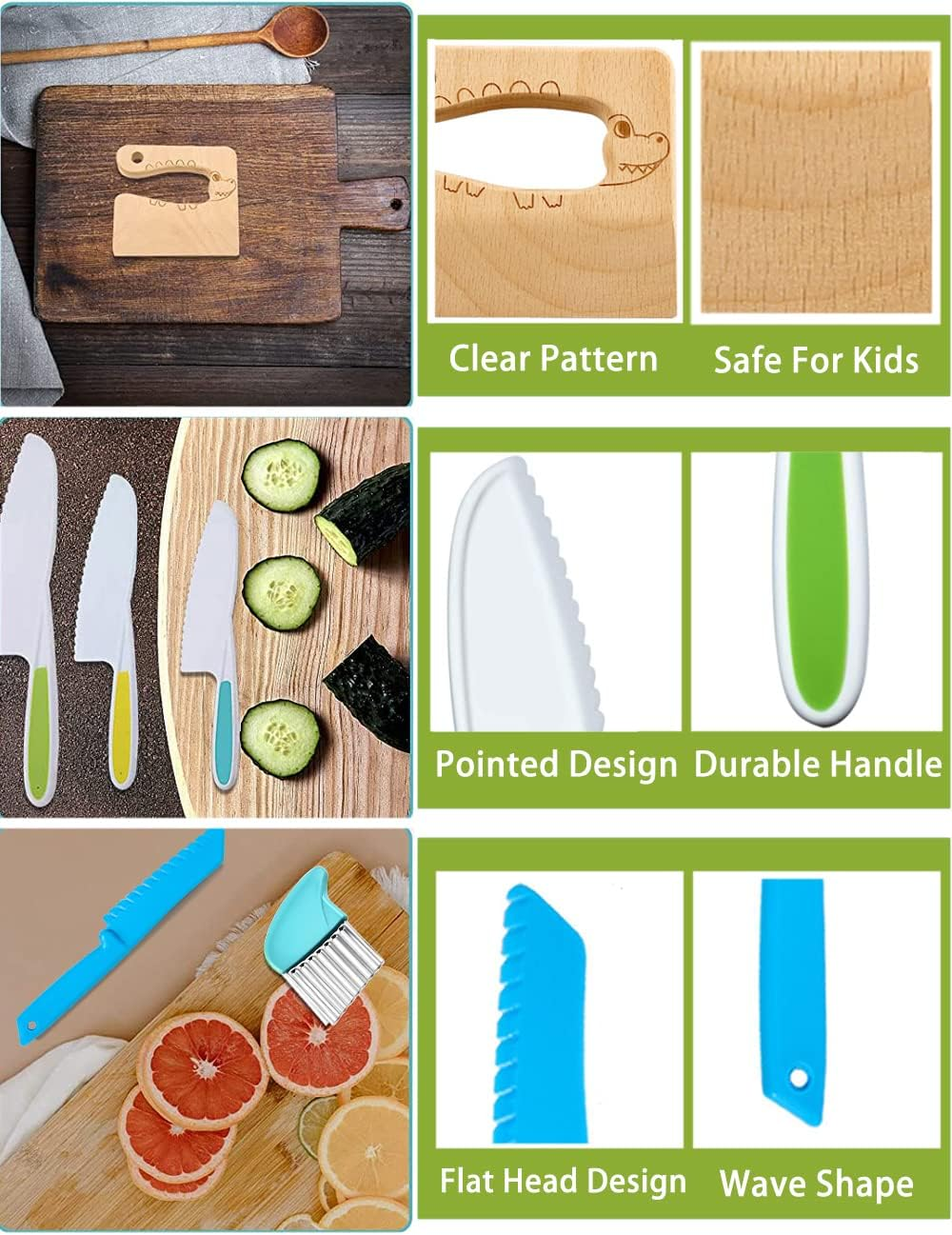 8PCS Kids Knife Set, Plastic Kids Knife Safe for Cutting Veggies Fruits,Kids Kitchen Knives Set Include 4 Plastic Toddler Safe Knives/Crinkle Cutter/Kids Cutting Wooden Board/Y-Peeler/Apron (PK) image number 2