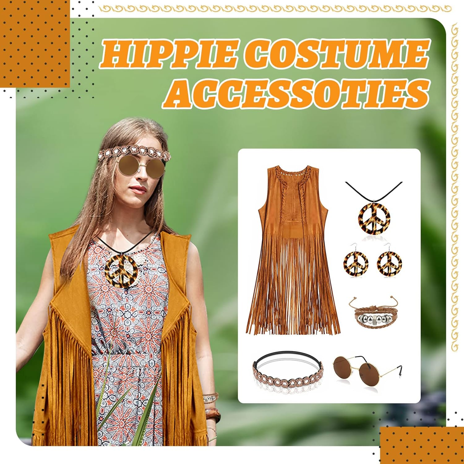 6Pcs Hippie Costume Clothes Accessories for Women, 60S 70S Fancy Dress Hippy Set Disco Outfits for Halloween Carnival image number 5