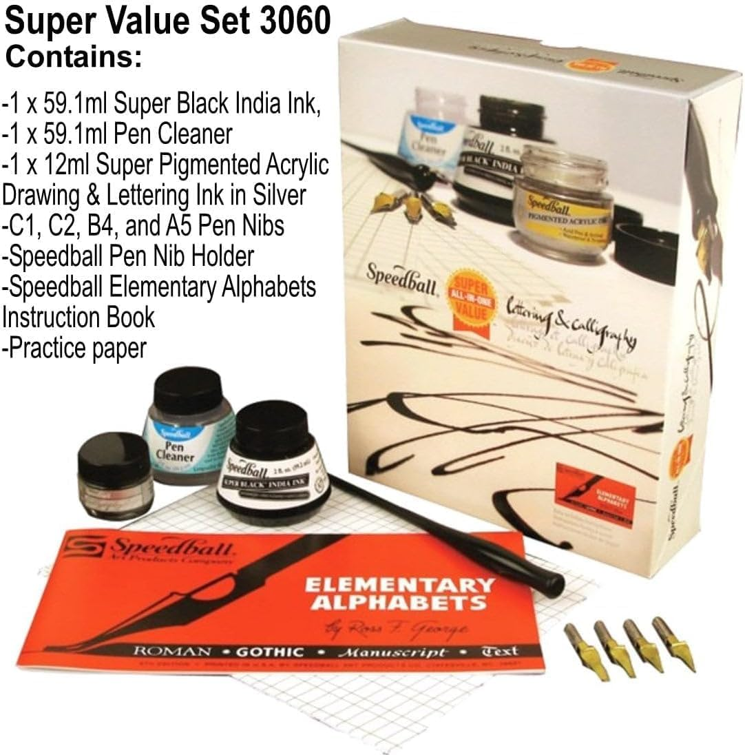 Speedball Super Value Lettering & Calligraphy Ki Black,Silver, Beginner Calligraphy Kit with Broad‑Edge Nib Set image number 1