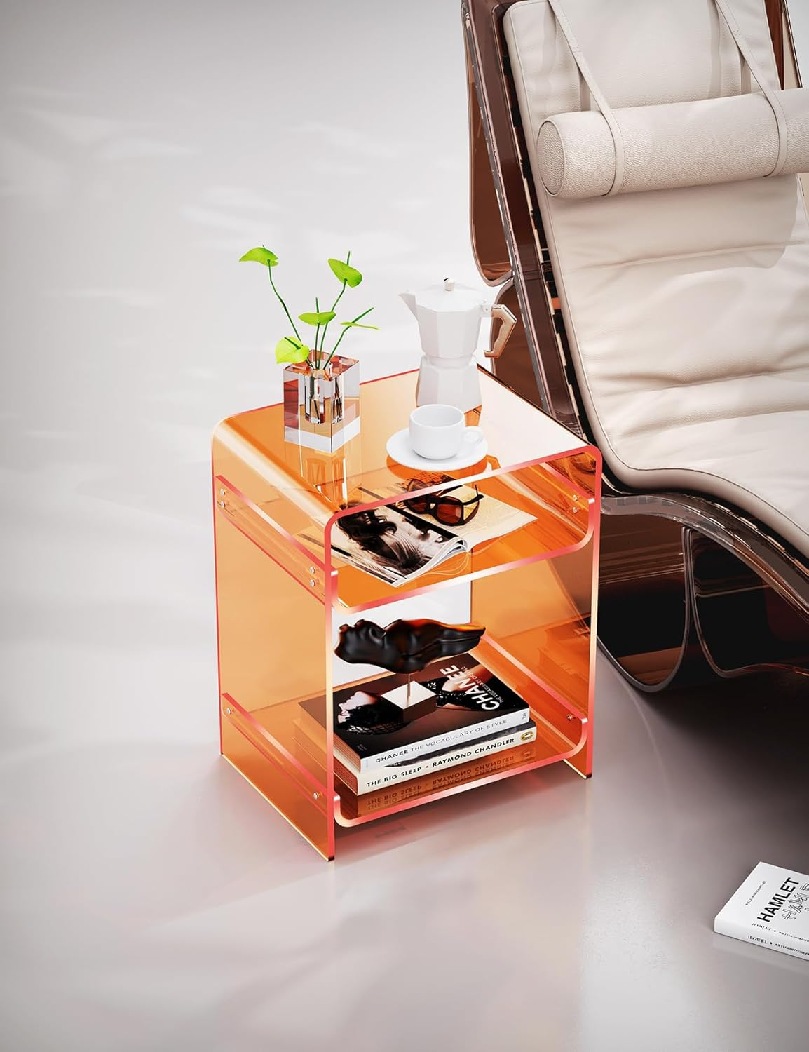 Acrylic Side Table Record Player Stand with Storage, Clear Nightstand Bedside Table End Table for Living Room, Bedroom (Orange) image number 1
