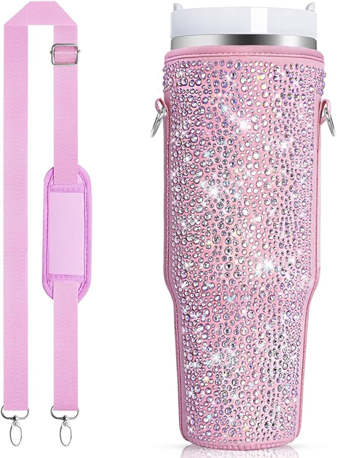 Bling Water Bottle Carrier Bag for Stanley Quencher H2.0 & Adventure 40 Oz Tumbler with Handle, Neoprene Water Bottle Holder with Adjustable Strap for Stanley Cup Accessories (Black)