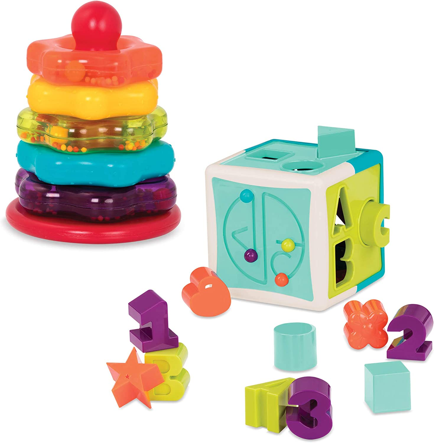Battat &ndash; Sort & Stack Combo &ndash; 17 Pieces Sensory Sorting Set &ndash; Activity Cube with Bead Maze &ndash; Educational & Dexterity Toys &ndash; 2+ Years &ndash; Shape Sorter Cube + Stacking Rings image number 1