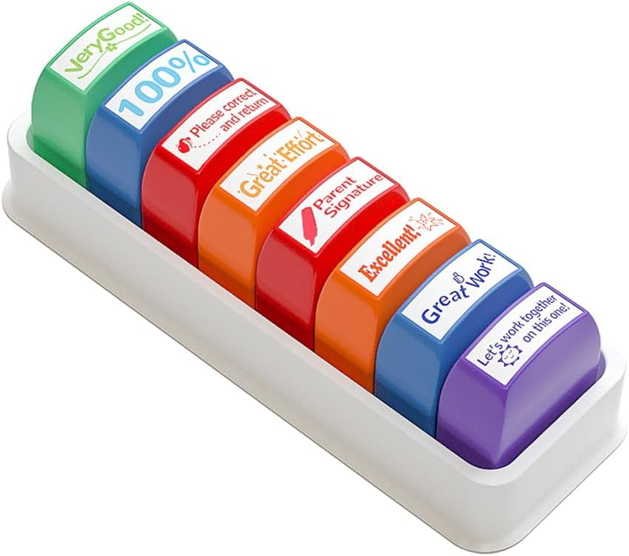 Self-Inking Teacher Stamp Set, 8Pcs Motivation Teacher Grading Stamp Set, Teachers Review Homework Feedback Stamps, Colorful Teachers Review Homework Feedback Stamps, Self-Inking Grading Stamps image number 2